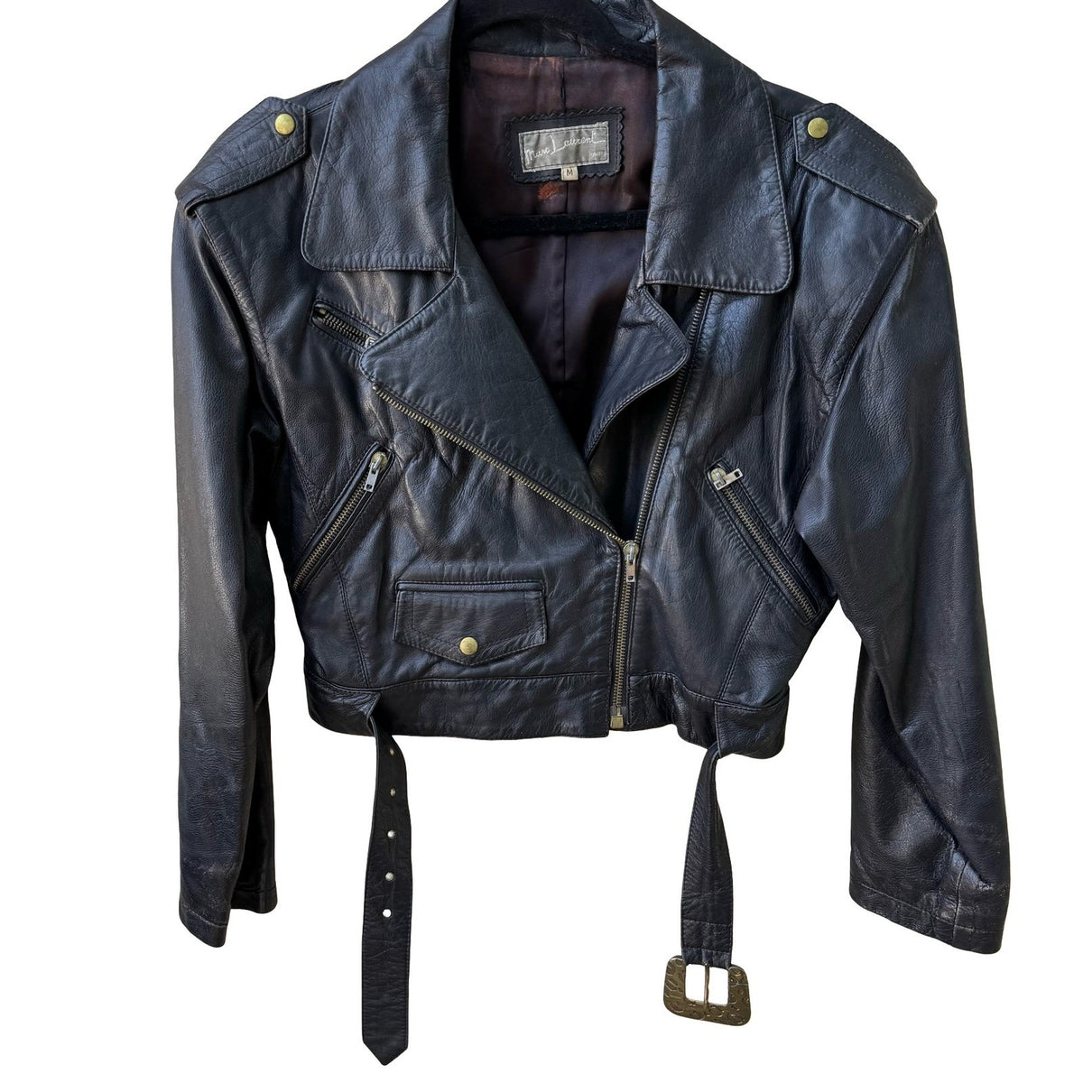Marc Laurent Vintage 80s Belted Rocker Grunge Biker Moto Leather Jacket Black M