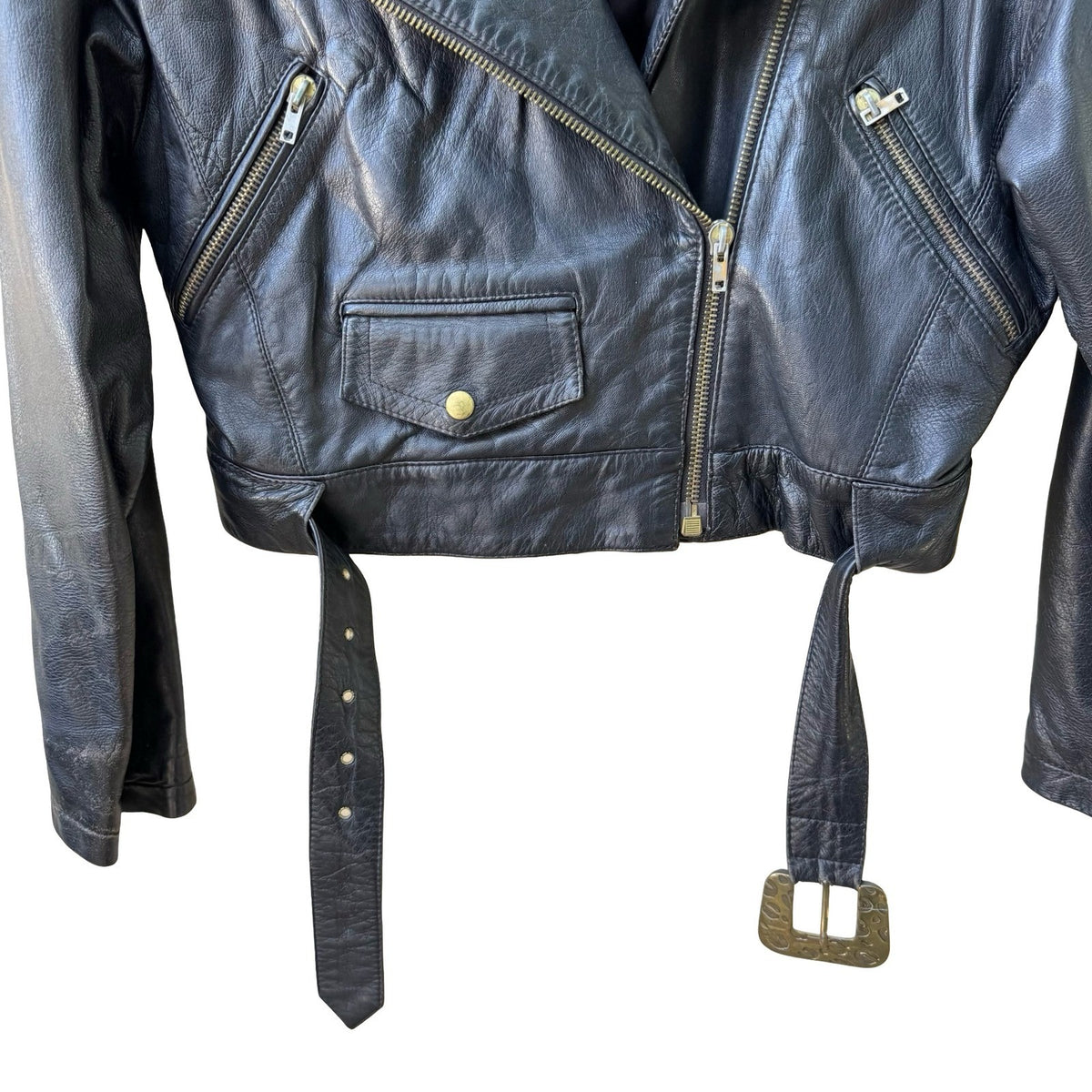 Marc Laurent Vintage 80s Belted Rocker Grunge Biker Moto Leather Jacket Black M