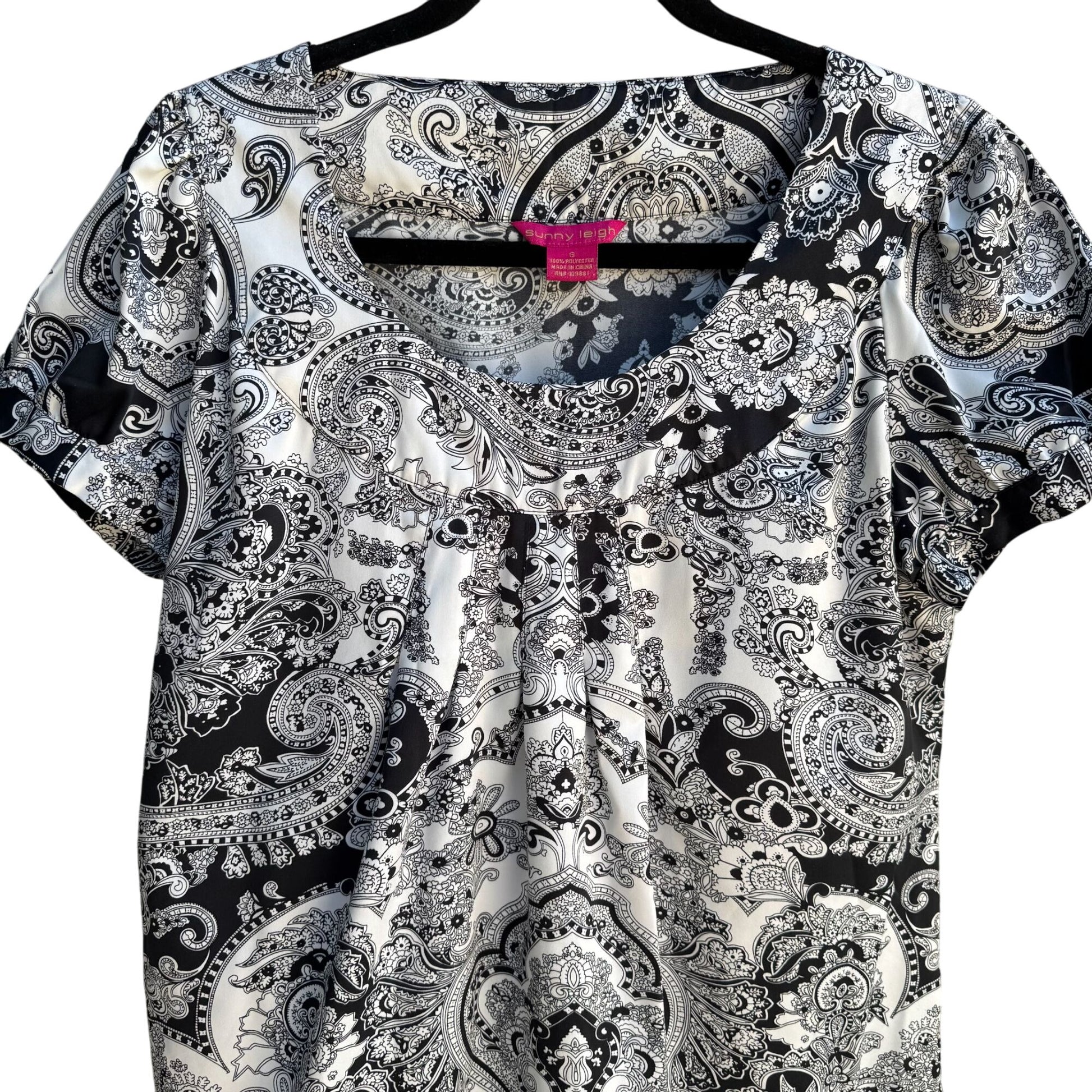 Sunny Leigh Womens Pleated Scoop Neck Paisley Print Cap Sleeve Tunic Blouse S