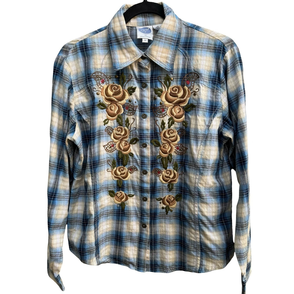 Diane Gilman Western Cowgirl Boho Floral Embroidered Plaid Shirt Blue Womens M