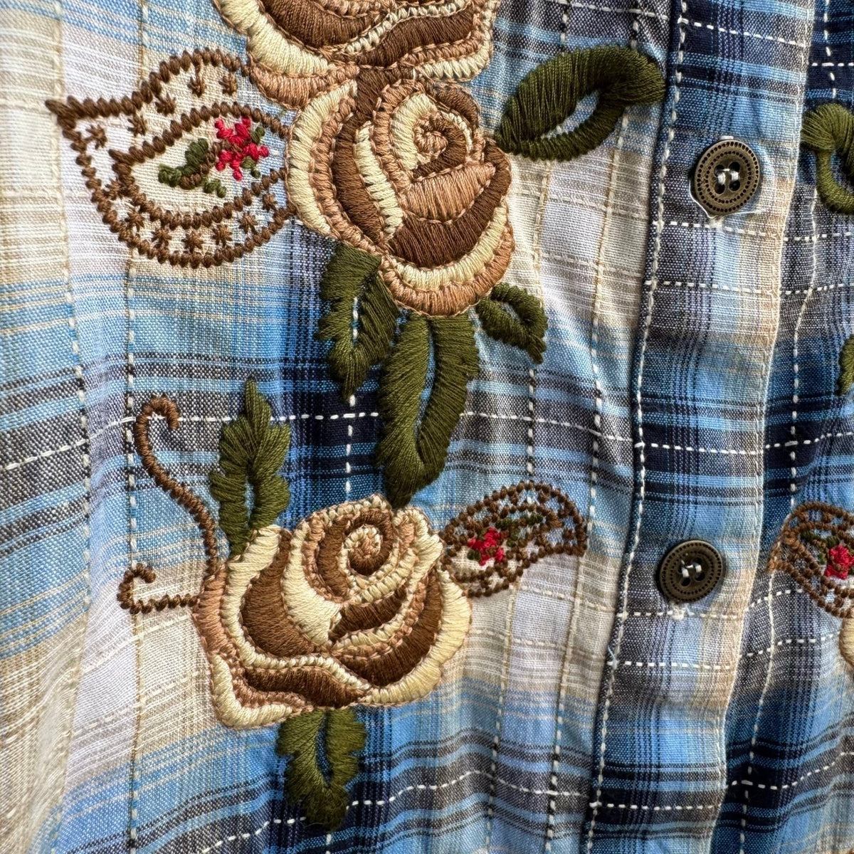 Diane Gilman Western Cowgirl Boho Floral Embroidered Plaid Shirt Blue Womens M