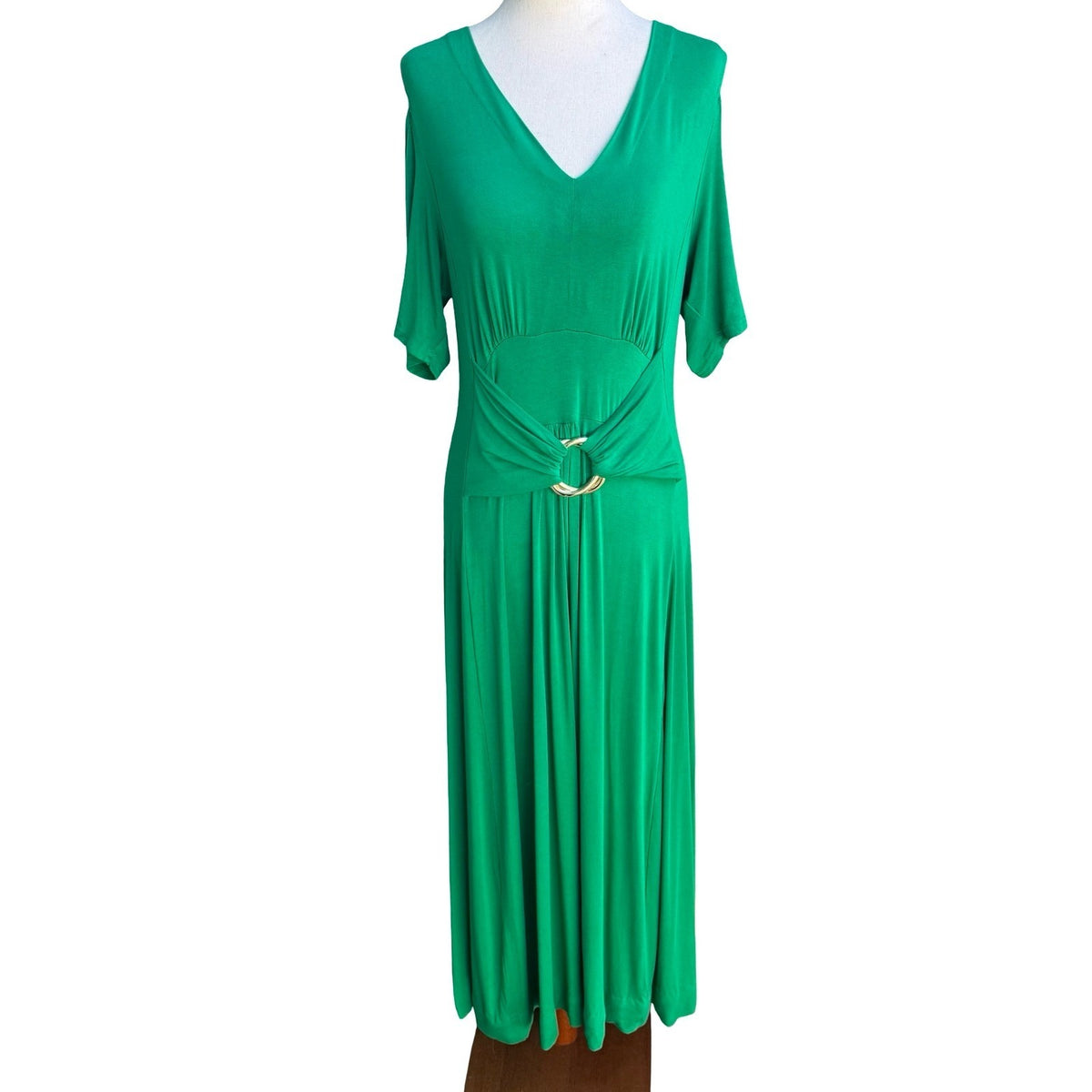Liz Lange Grecian Resortwear Cold Shoulder Draped Ring Waist Maxi Dress Green L