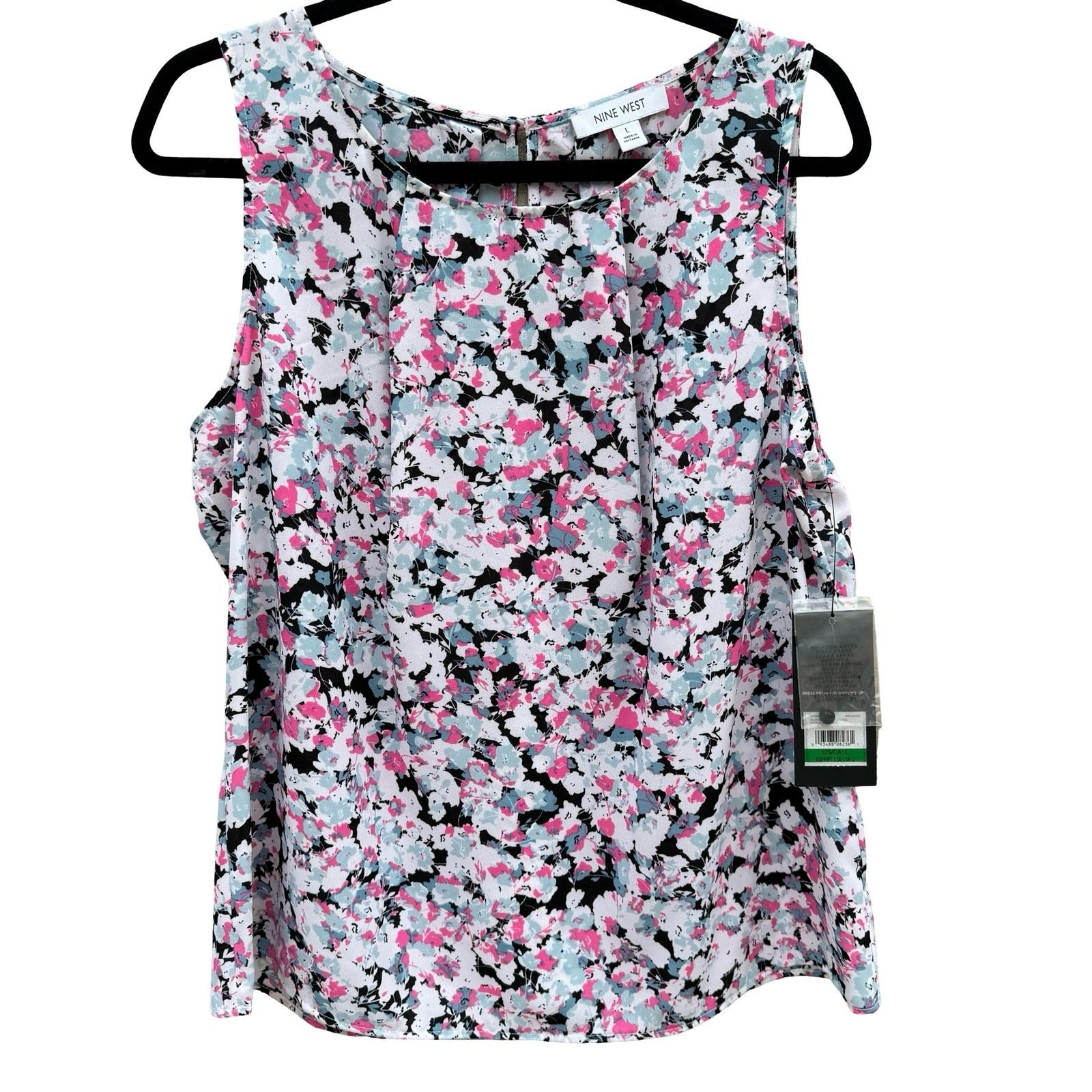 Nine West Blue Meadow Multi Floral Sleeveless Pleated Blouse Magnolia Springs L