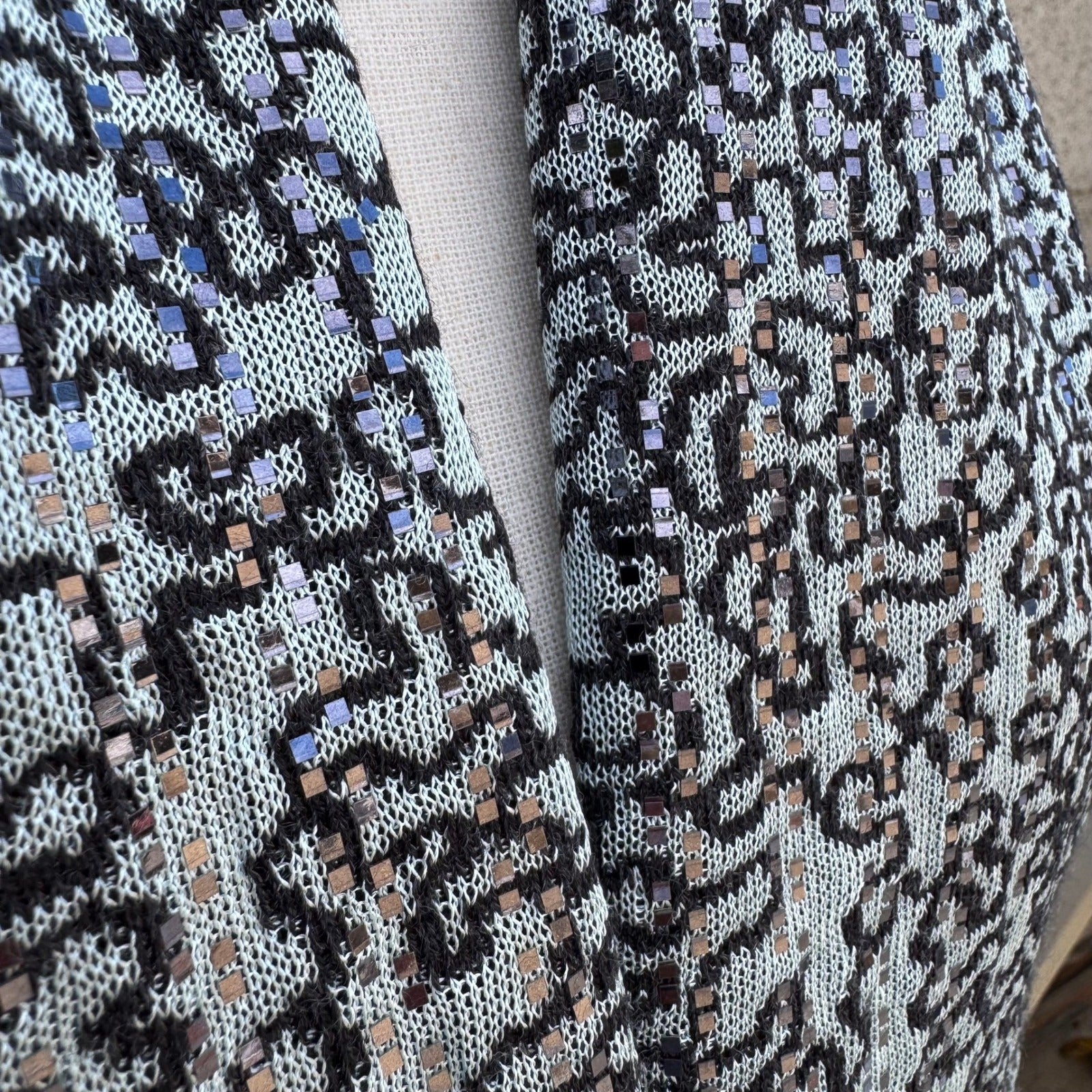 Light Blue Black Abstract Knit Sequin Metallic Textured Scarf Wrap Glam Sparkly