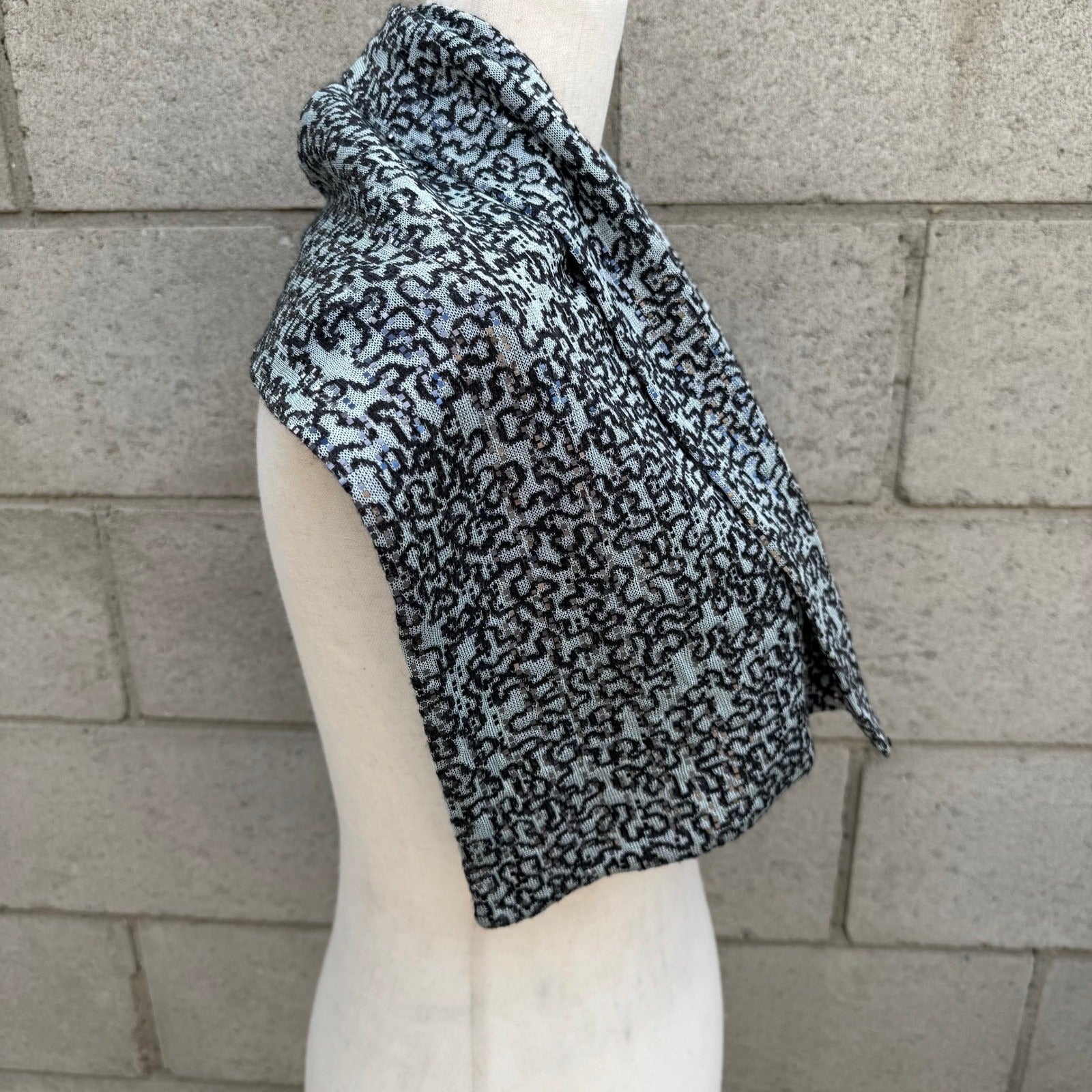 Light Blue Black Abstract Knit Sequin Metallic Textured Scarf Wrap Glam Sparkly