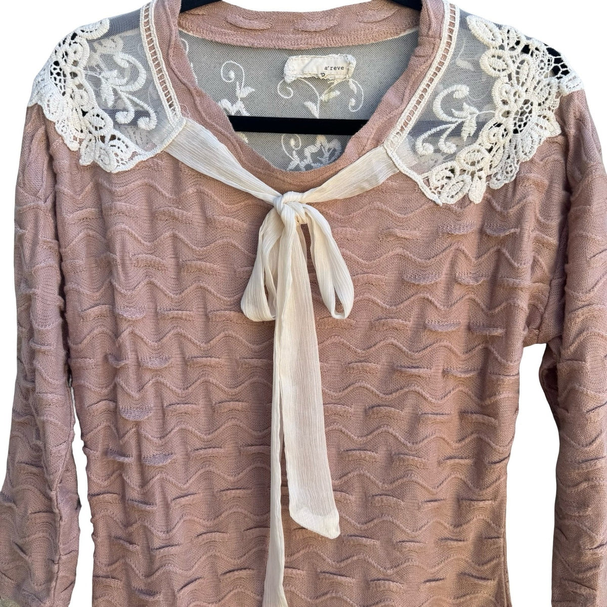 A'reve Coquette Romantic Wavy Textured Knit Mesh Lace Yoke Tie Neck Sweater S