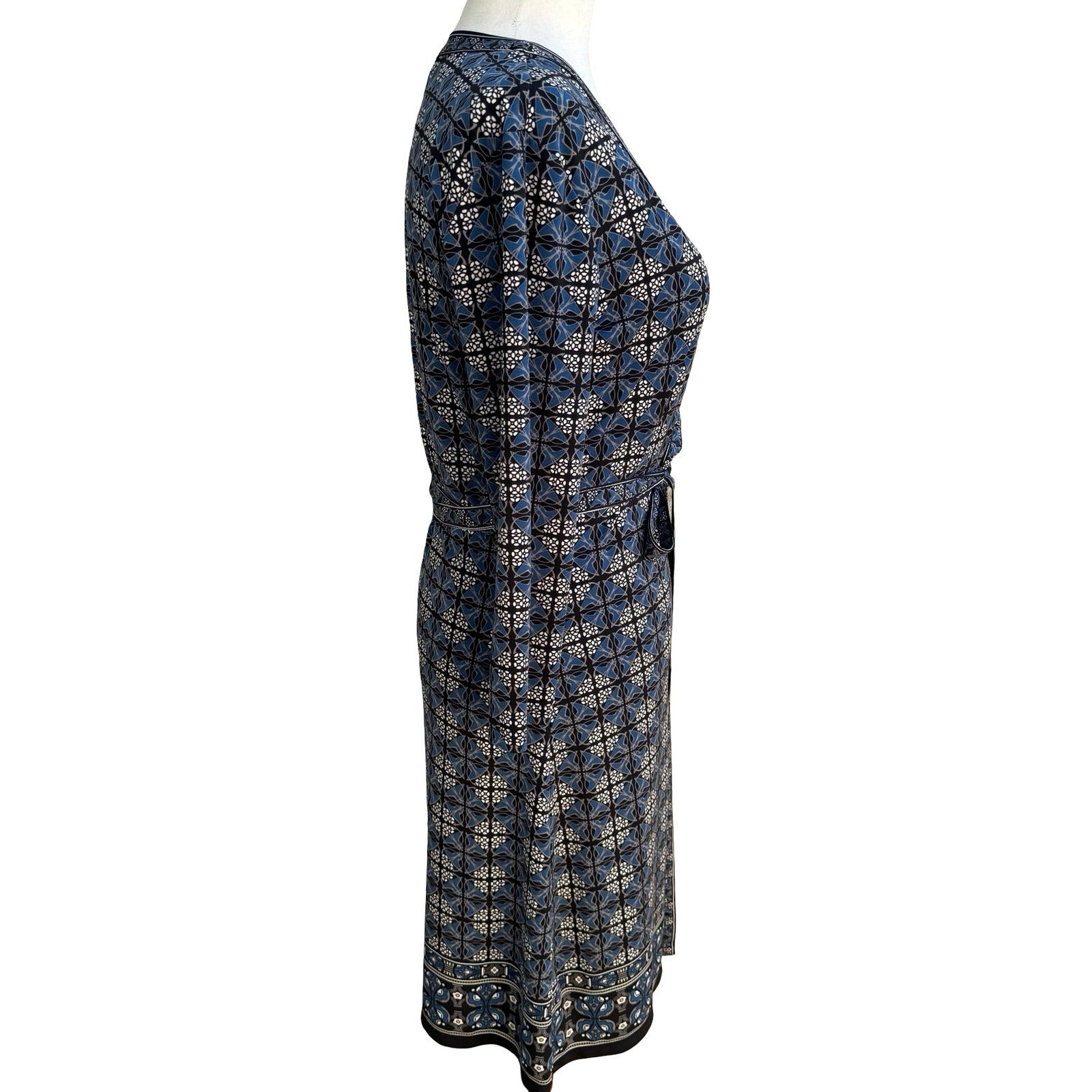 Max Studio Mod Geometric Tile Print Faux Wrap Jersey Dress Careerwear Blue M