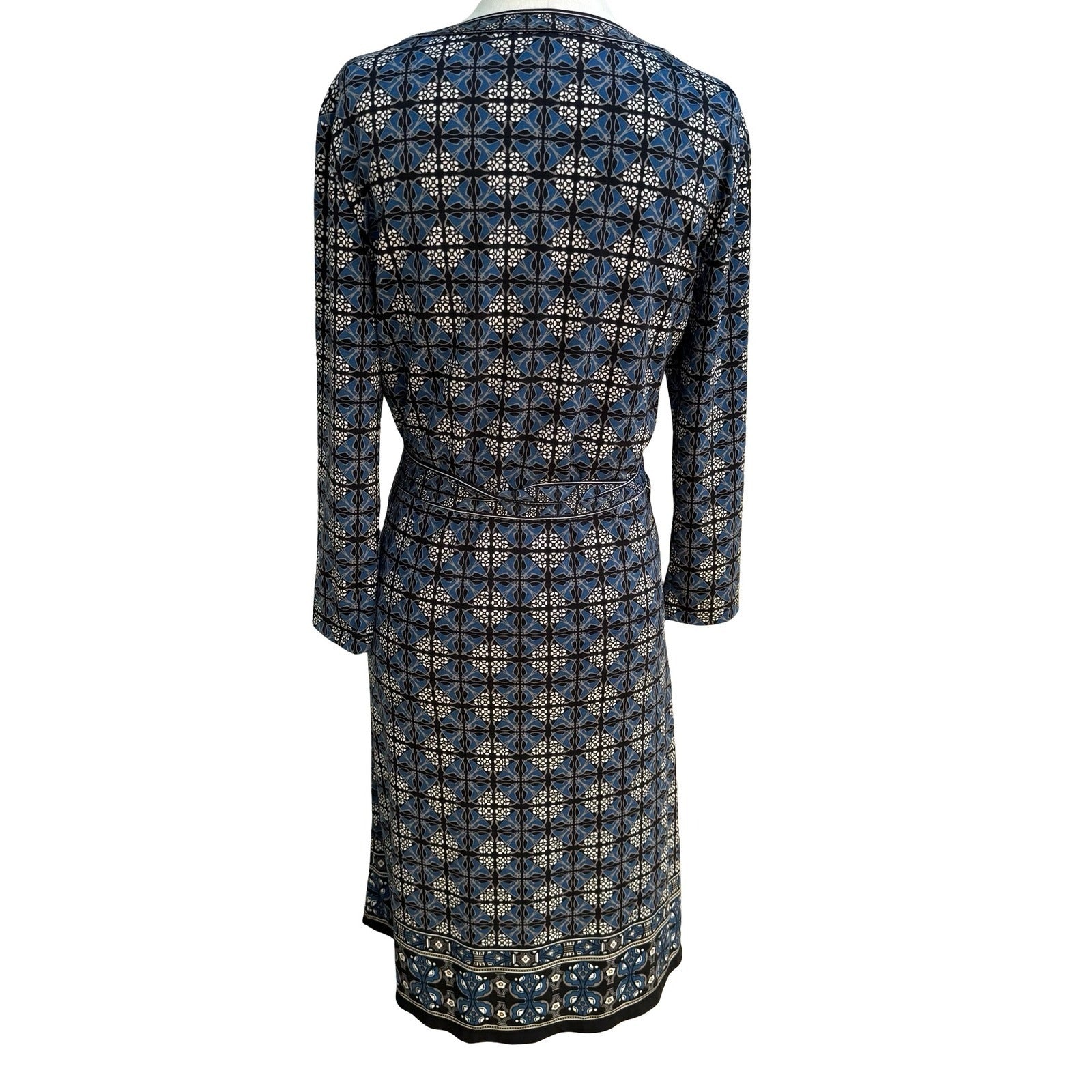 Max Studio Mod Geometric Tile Print Faux Wrap Jersey Dress Careerwear Blue M