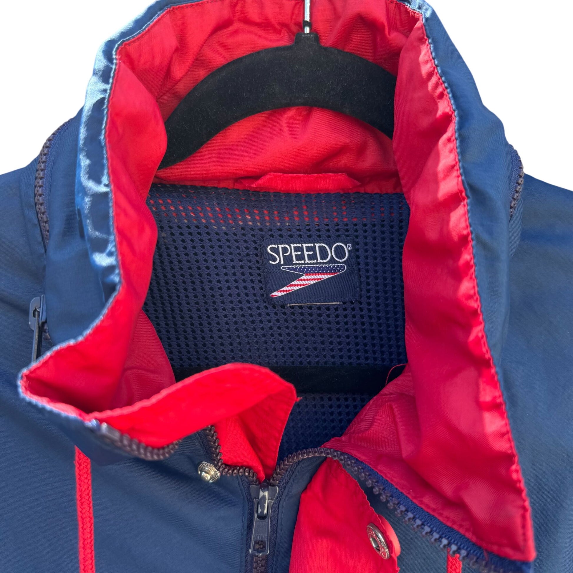 Speedo Vintage Red Navy Hooded Windbreaker Zip Water Resistant Light Jacket XL