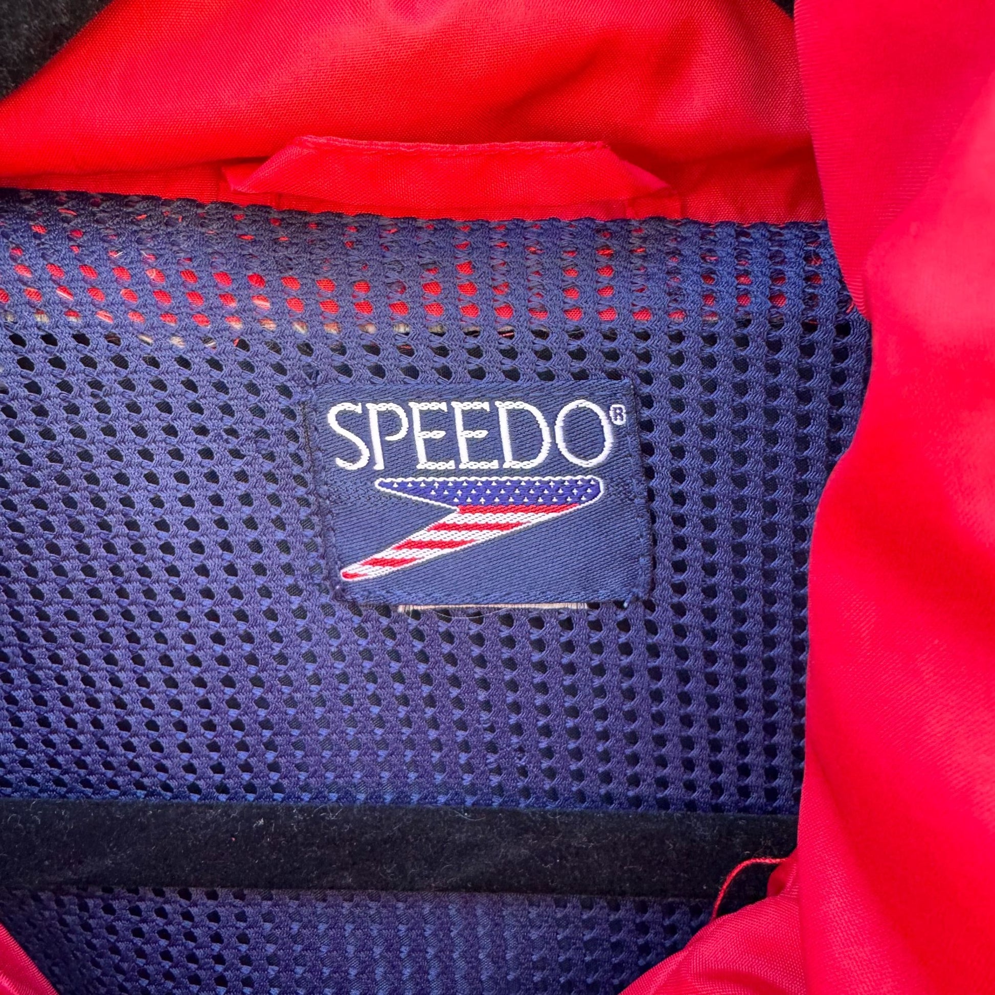 Speedo Vintage Red Navy Hooded Windbreaker Zip Water Resistant Light Jacket XL