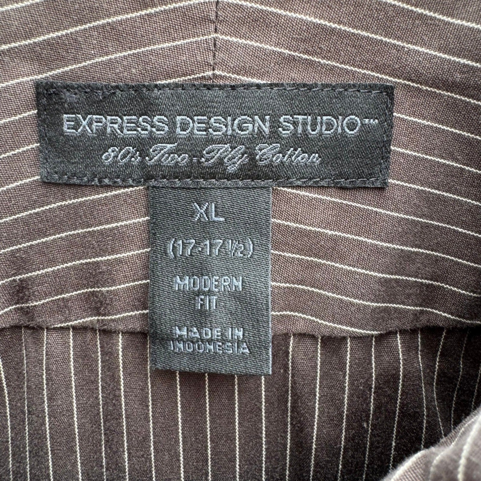 Express Design Studio Mens XL Brown Pinstripe 80s 2 Ply Cotton Modern Fit Shirt