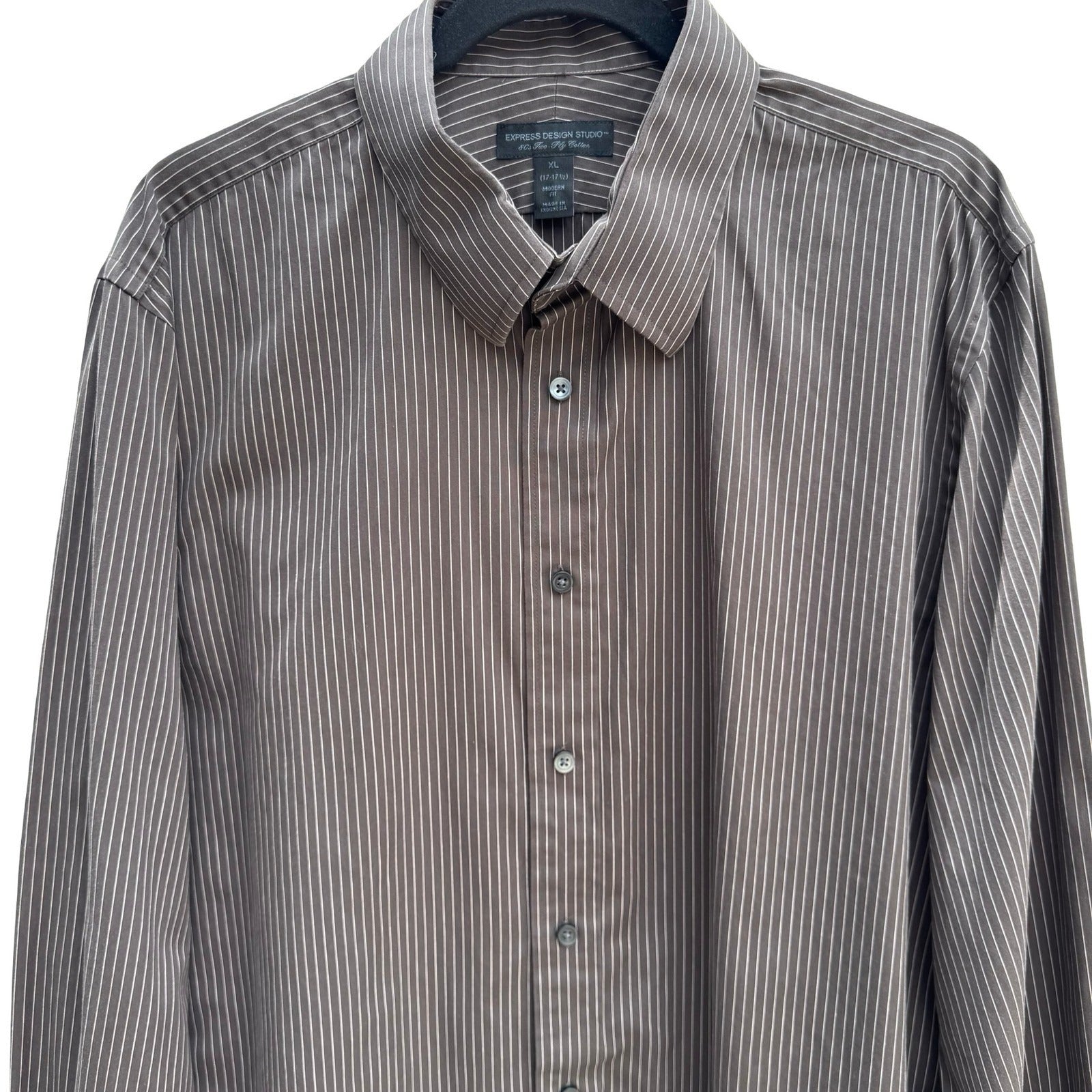 Express Design Studio Mens XL Brown Pinstripe 80s 2 Ply Cotton Modern Fit Shirt