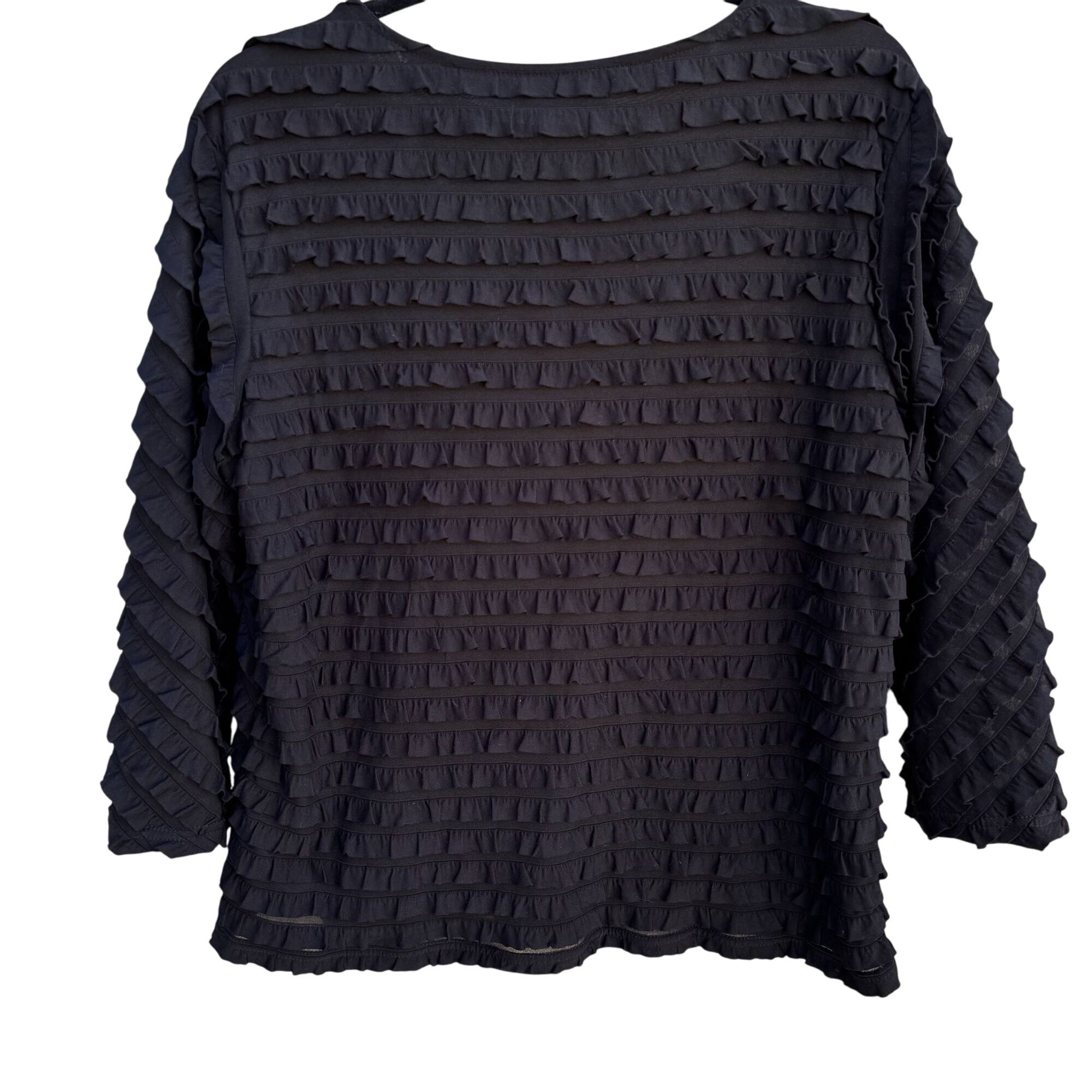 Drapers & Damons Black Draped Ruffle Textured 3/4 Sleeve Womens Tunic Style Top