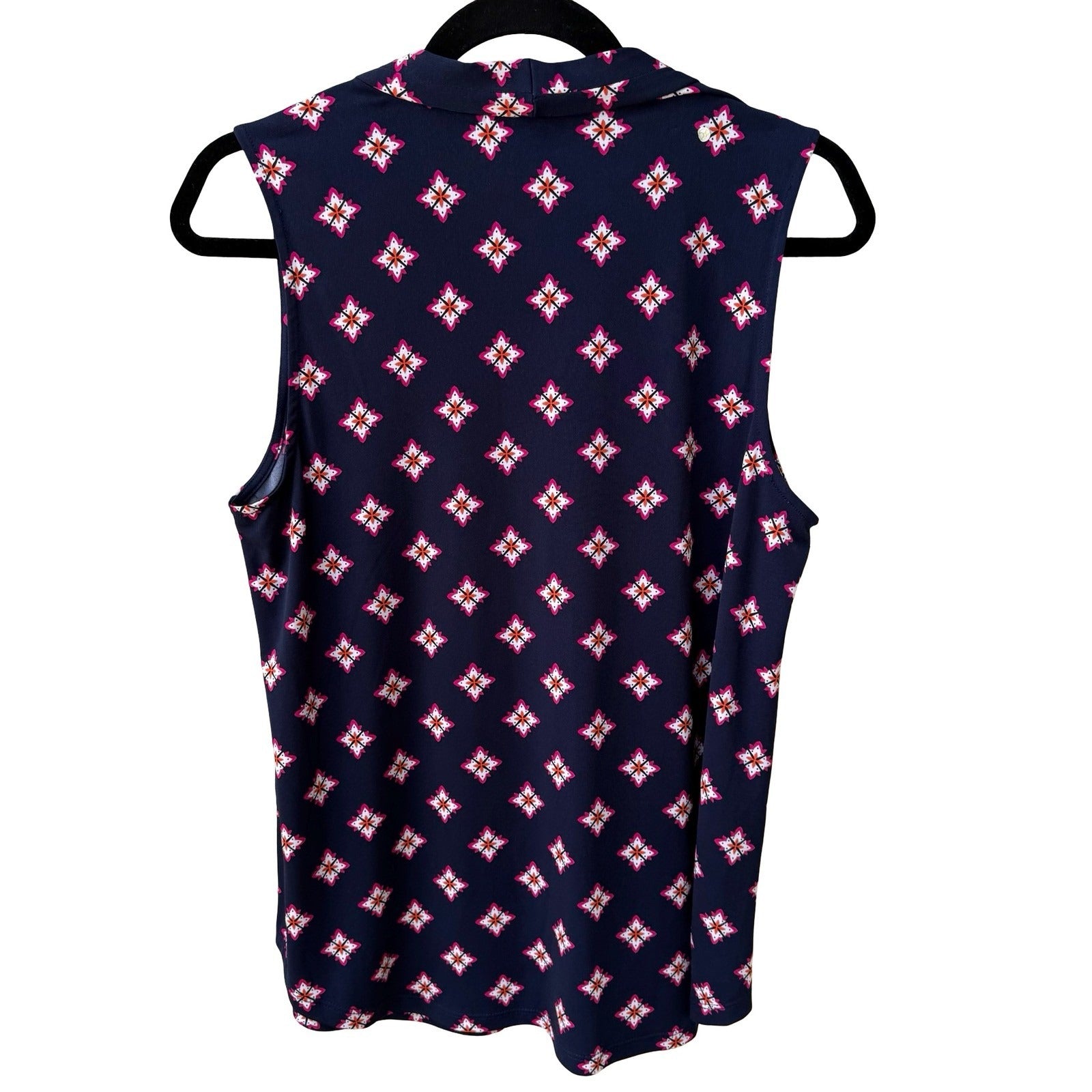 Charter Club Preppy Workwear Geometric Pleated V-Neck Sleeveless Blouse Navy L