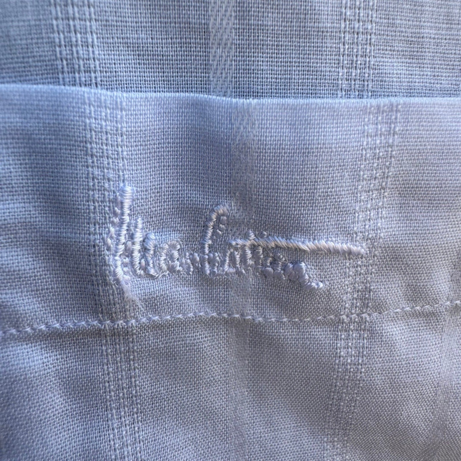 Manhattan Vintage 90s Preppy Shadow Stripe Linen Cotton Shirt Pastel Blue Mens L