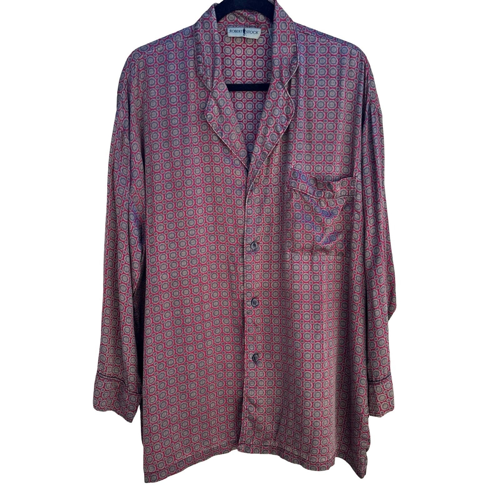 Robert Stock Vintage 90s Silk Pajama Shirt Bohemian Loungewear Medallion Mens L