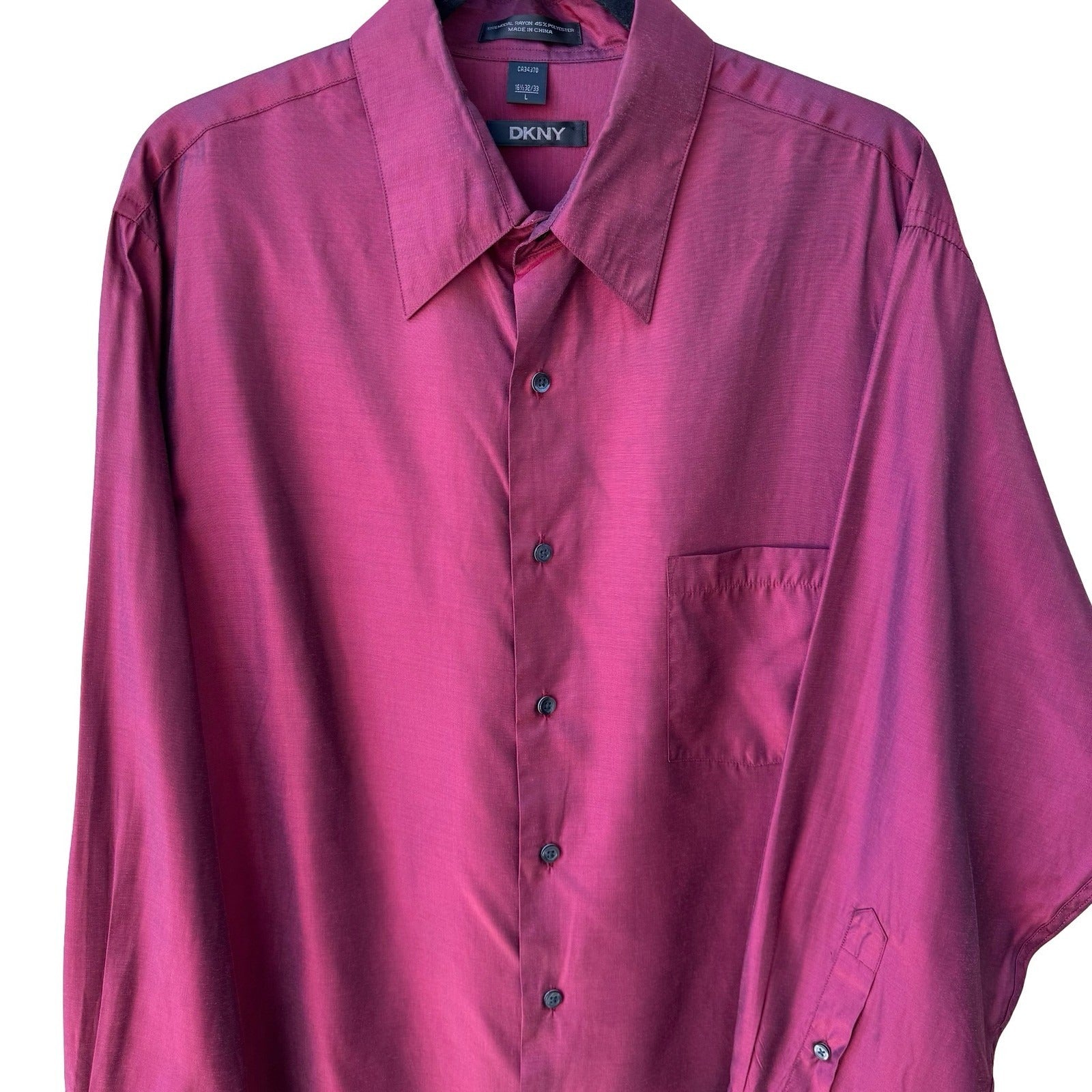 DKNY Y2K 90s Burgundy Iridescent Modal Shimmer Minimalist Shirt Mens L 16.5