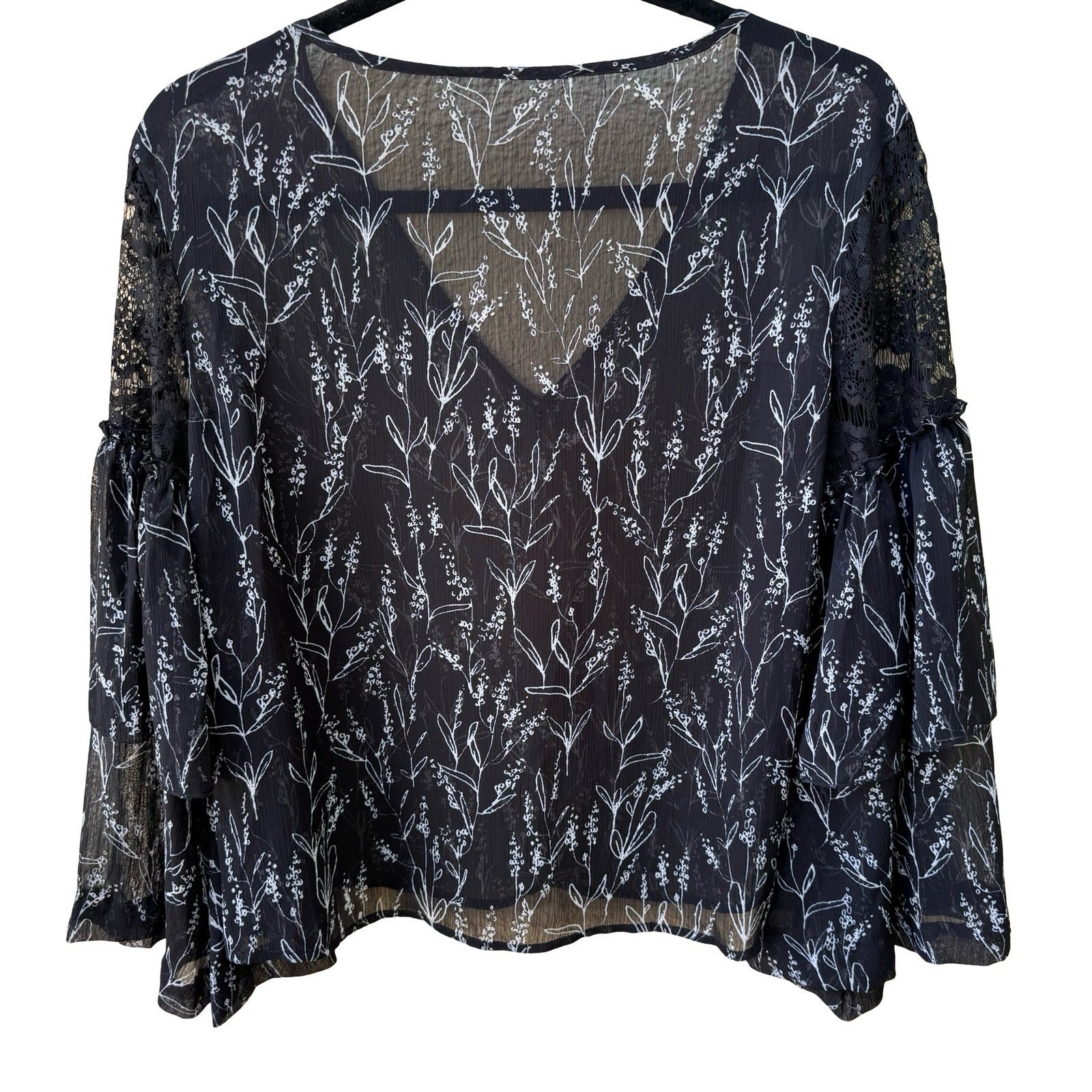 Boho Dark Floral Whimsigoth Chiffon Romantic Sheer Lace Ruffle Bell Sleeve Top L