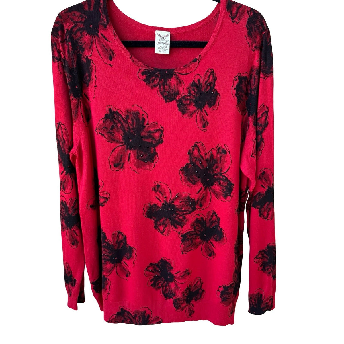 Faded Glory Romantic Floral Beaded Embellised Pullover Knit Sweater Red XXL NEW