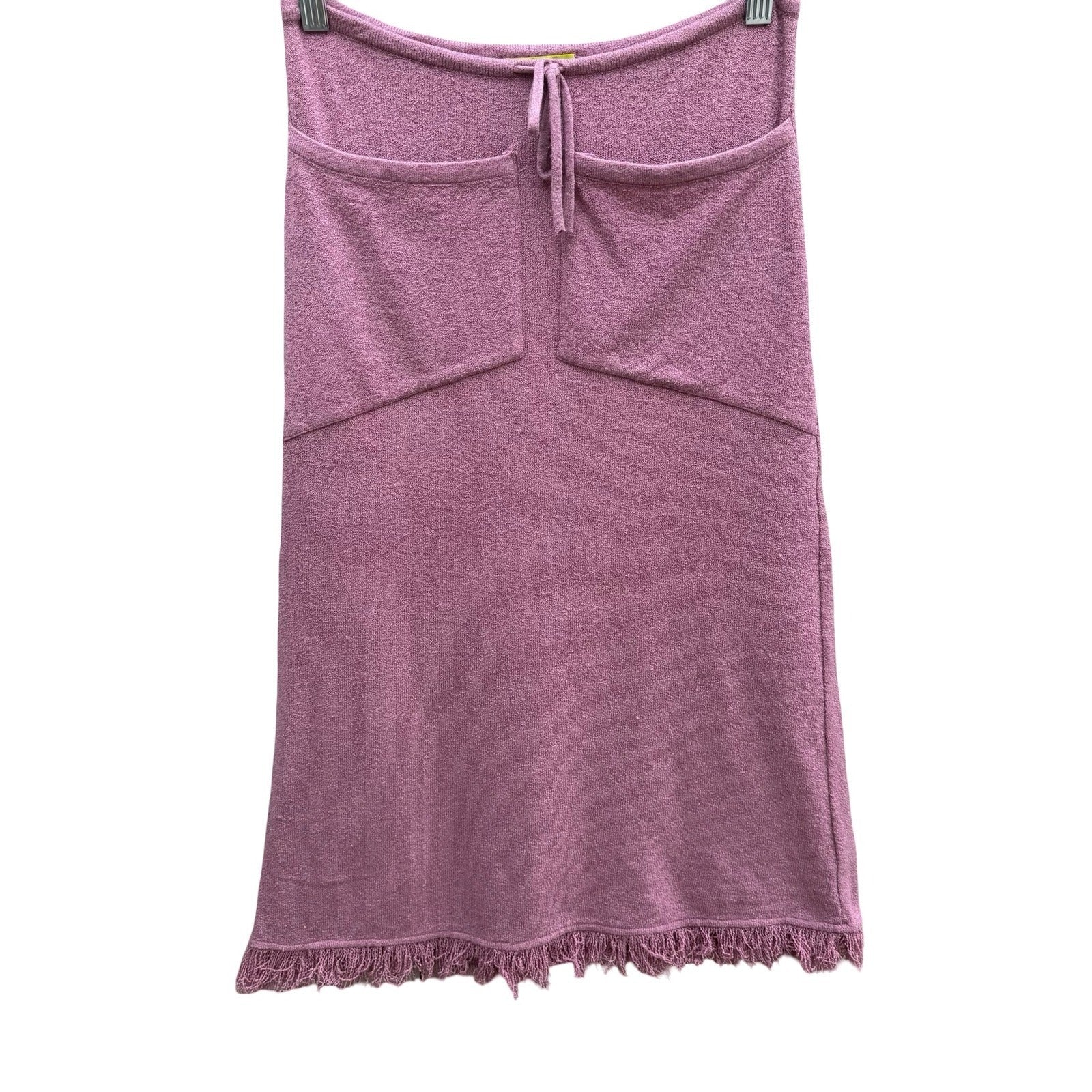 Ago e Filo Coquette Boho Mauve Boucle Italian Knit Skirt Fringe Hem Front Tie
