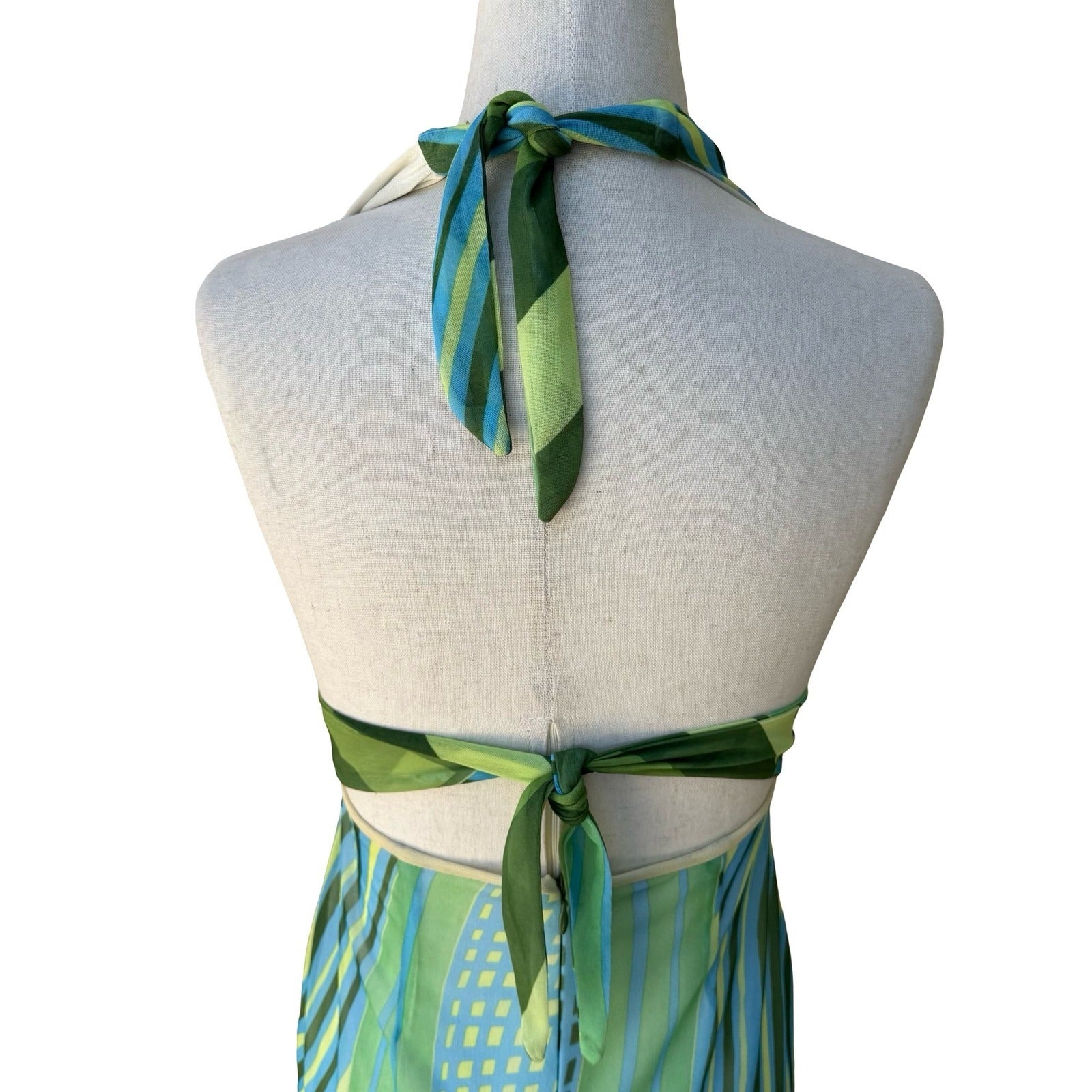 Brandenburg Y2K Resortwear Geometric Abstract Mesh Halter Open Back Dress XS