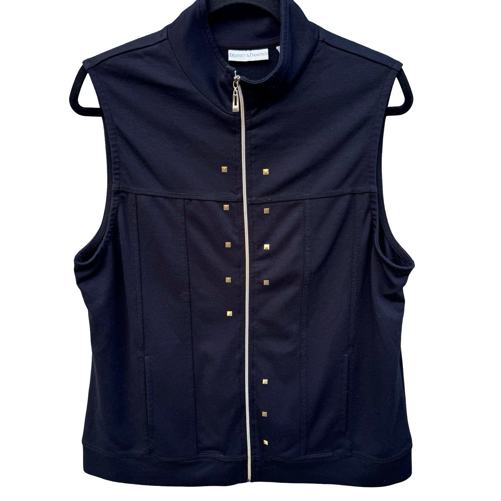 Drapers & Damons Womens Black Zip Front Vest Gold Stud Mock Neck Size Medium