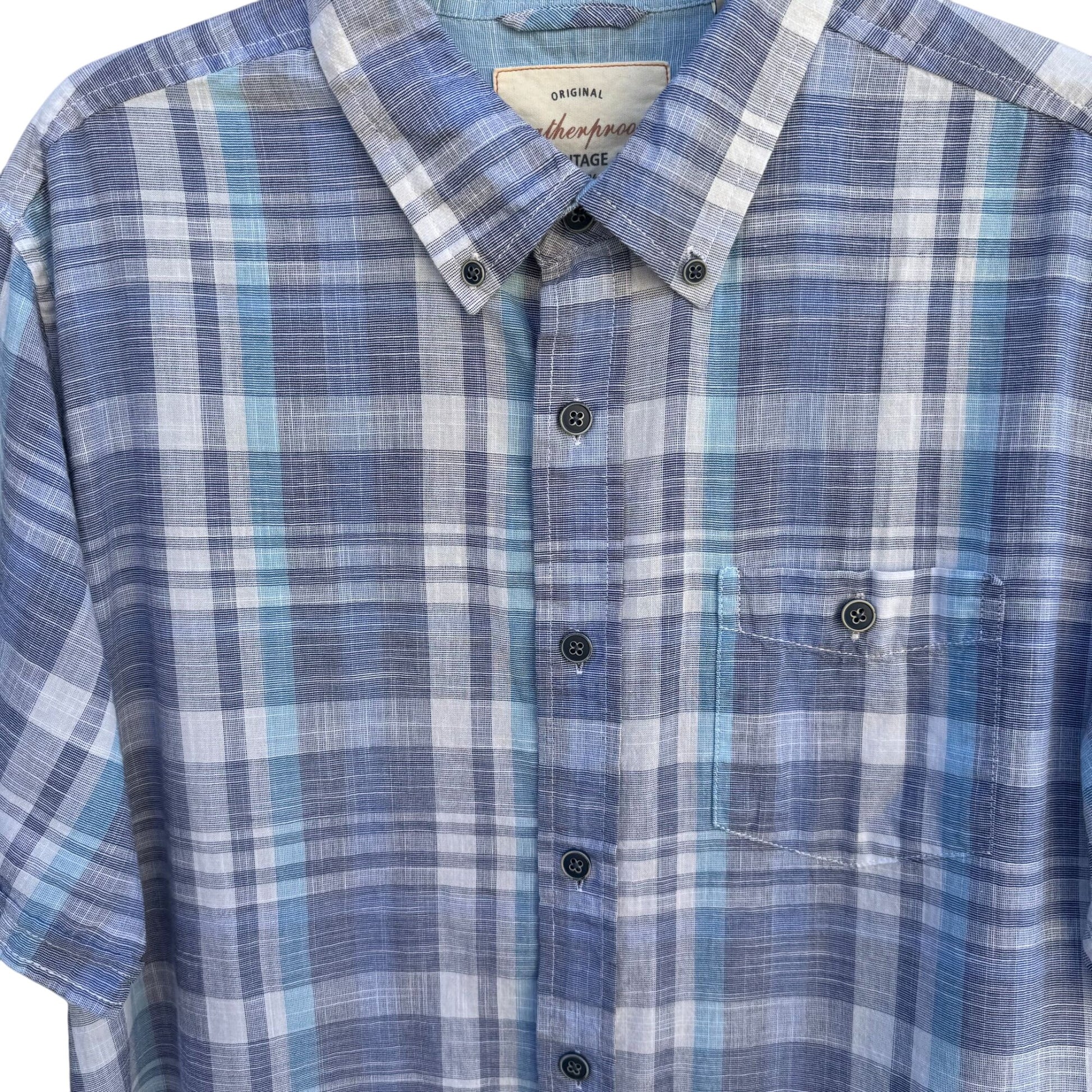 Weatherproof Vintage Mens Blue Plaid Button Collar Short Sleeve Casual Shirt M