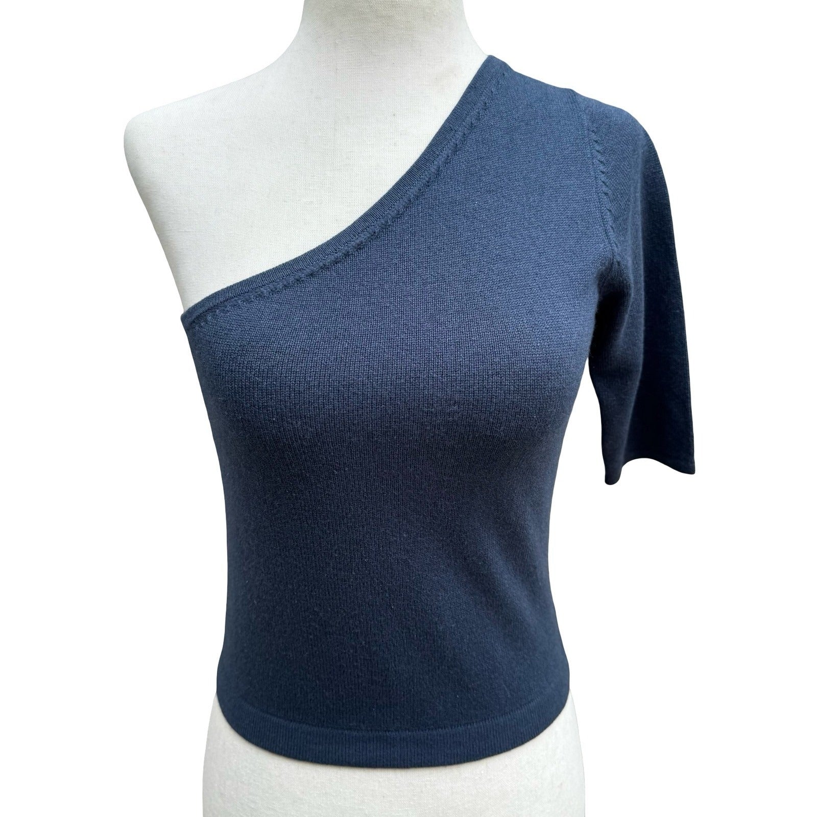 BCBG Max Azria Collection Y2K One Shoulder Knit Crop Top Asymmetric Navy Sample