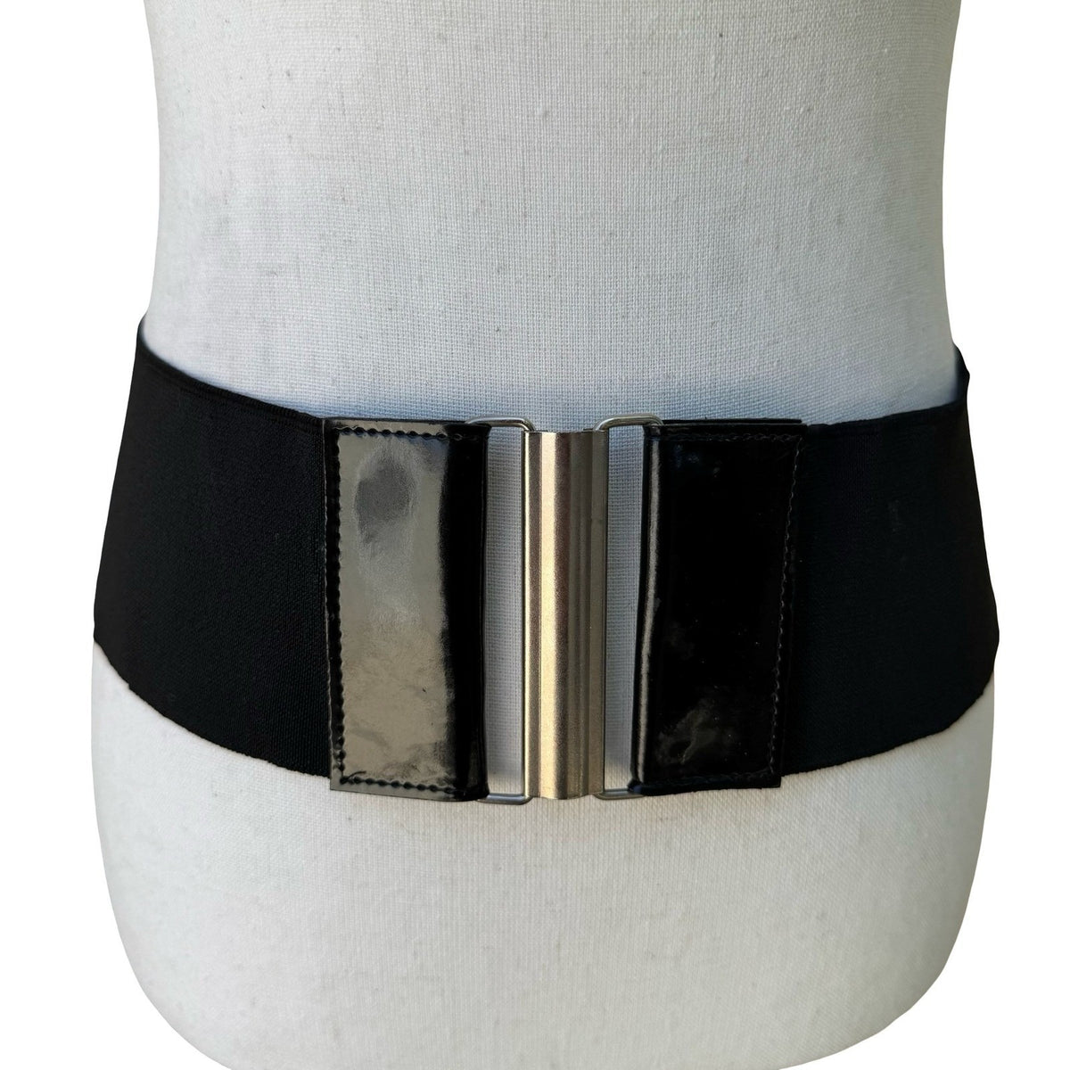 Vintage 90s Y2K Wide Black Elastic Cinch Belt Patent Panels Silver Slide Buckle