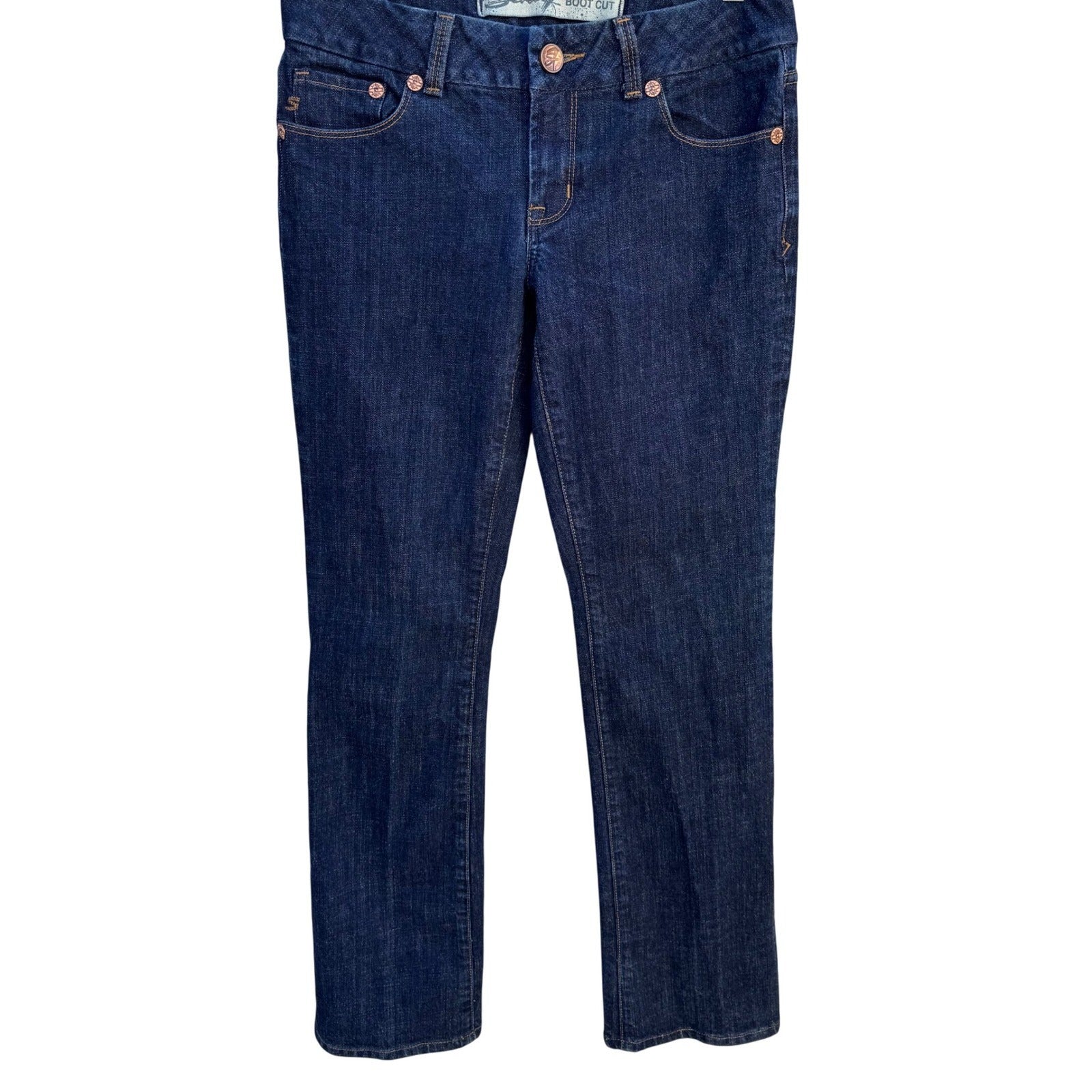 Seven7 Y2K Womens Boot Cut Jeans Dark Indigo Wash Embroidered Pocket Size 31