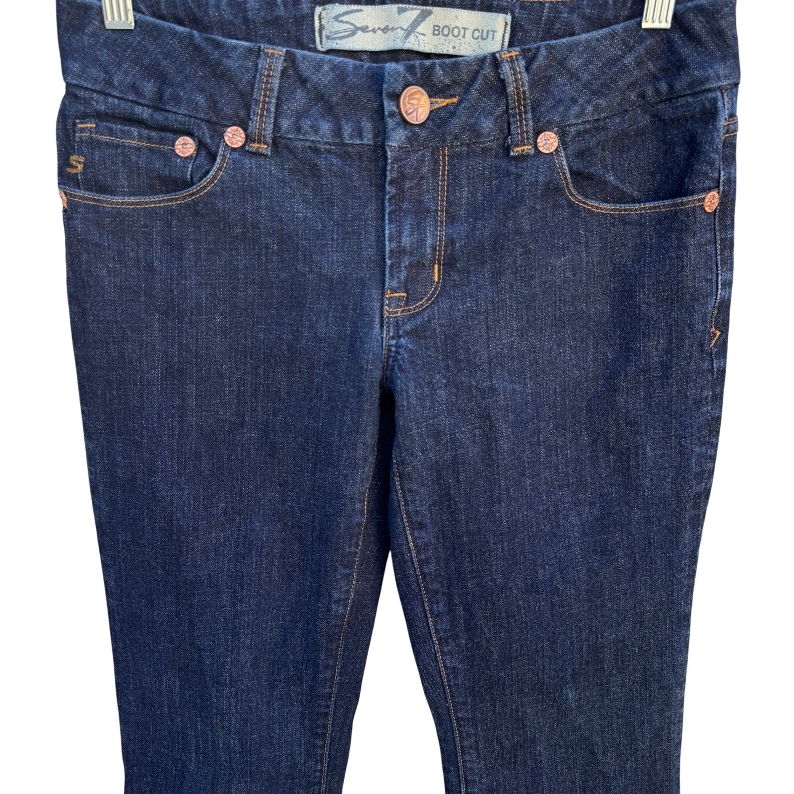 Seven7 Y2K Womens Boot Cut Jeans Dark Indigo Wash Embroidered Pocket Size 31