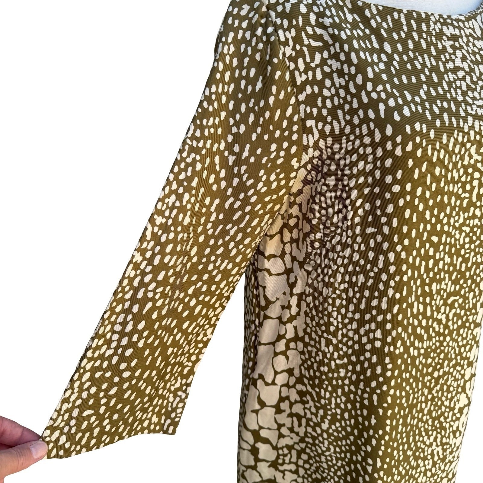 J.Crew Luxury Silk Shift Dress 12 Olive Green Animal Print Boat Neck 3/4 Sleeve