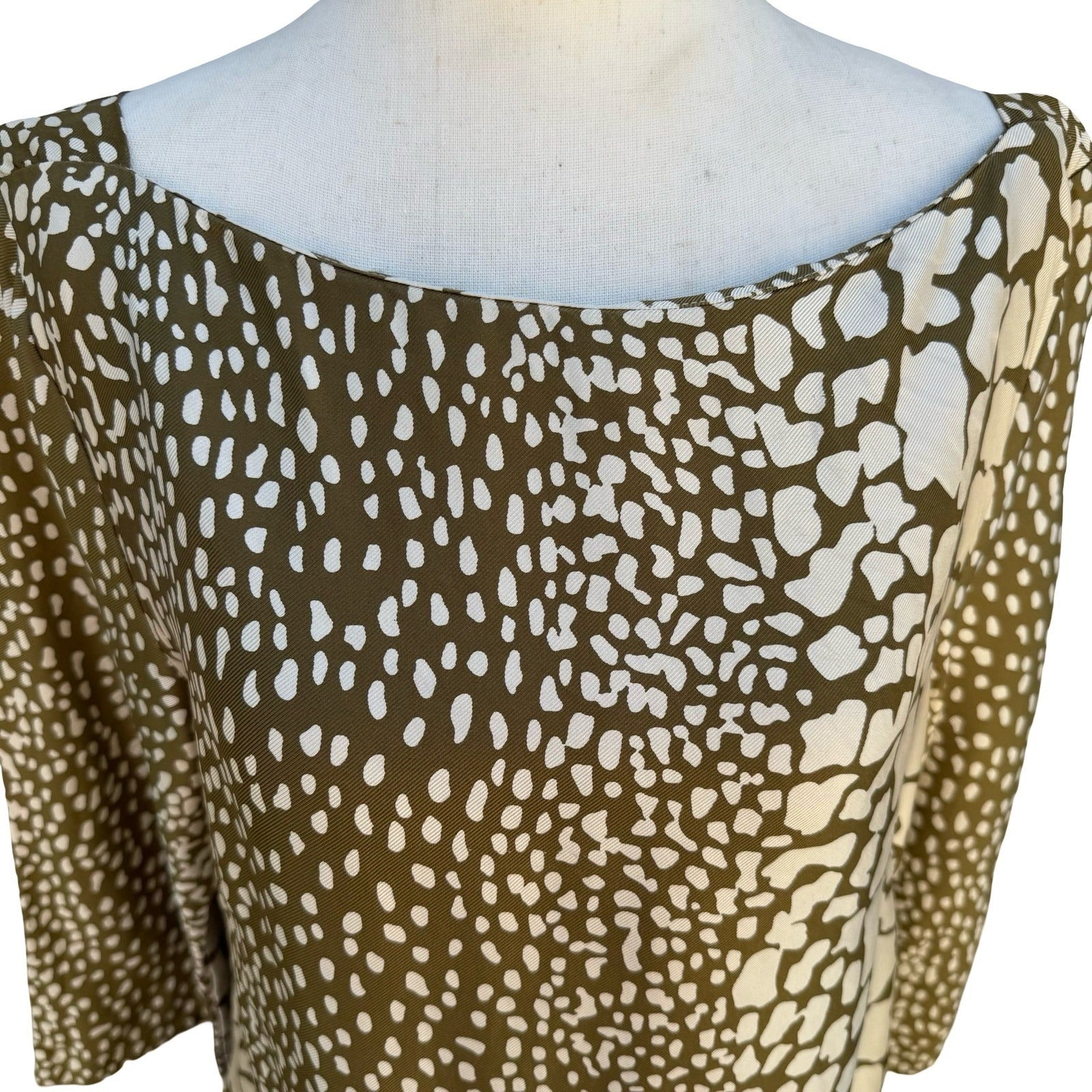 J.Crew Luxury Silk Shift Dress 12 Olive Green Animal Print Boat Neck 3/4 Sleeve