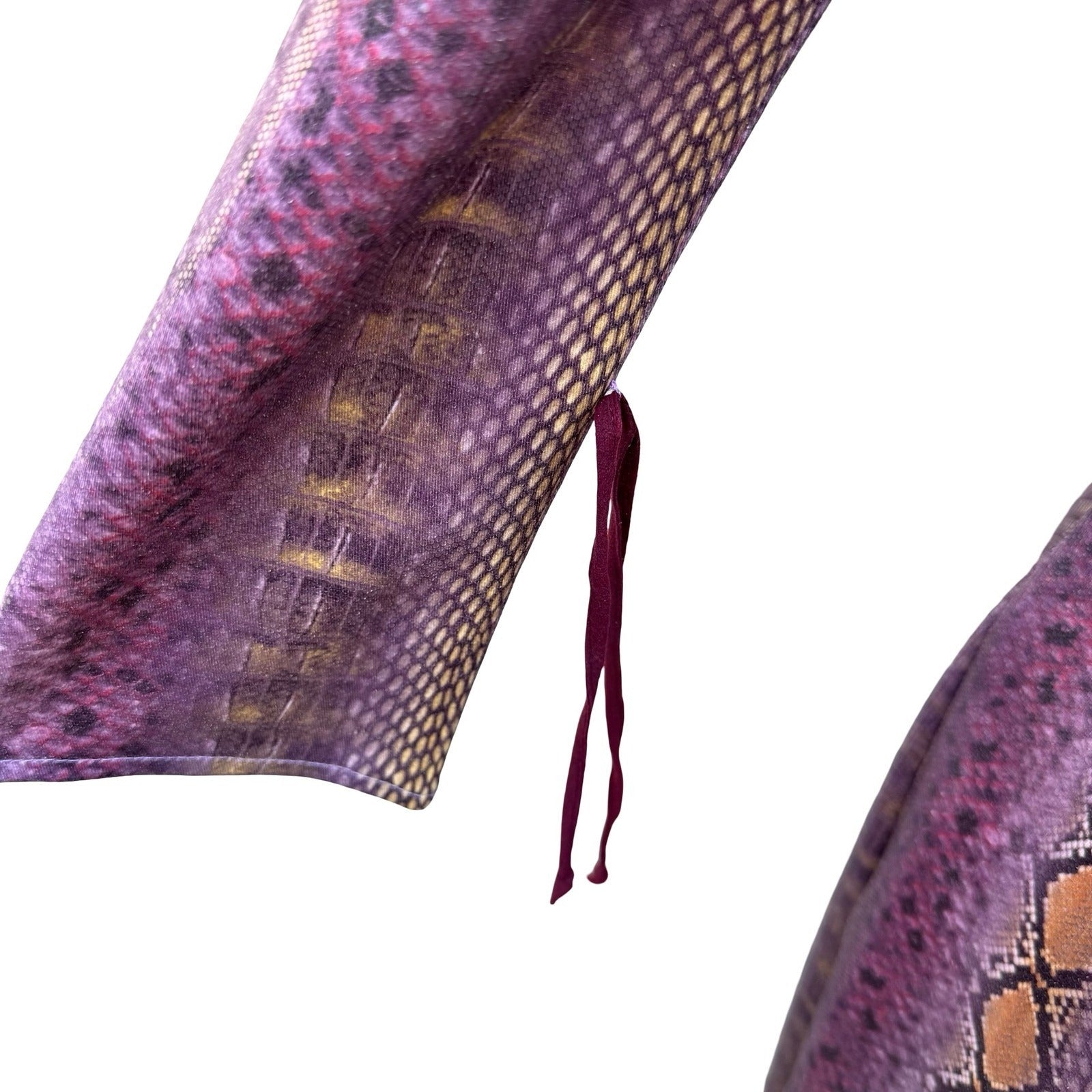 Kathryn Conover Y2K 90s Mob Wife Purple Faux Snakeskin Edgy Wrap Midi Dress 2