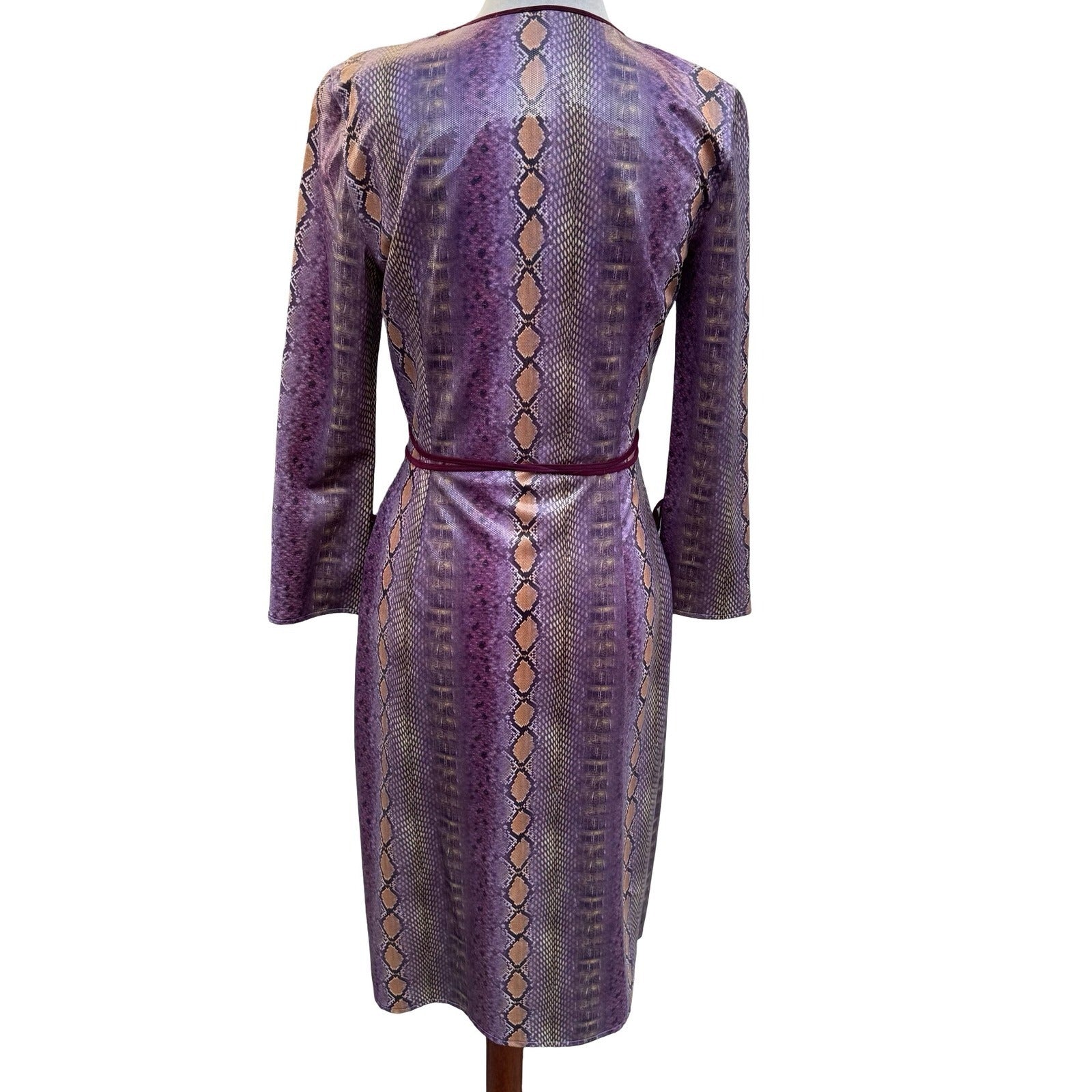 Kathryn Conover Y2K 90s Mob Wife Purple Faux Snakeskin Edgy Wrap Midi Dress 2