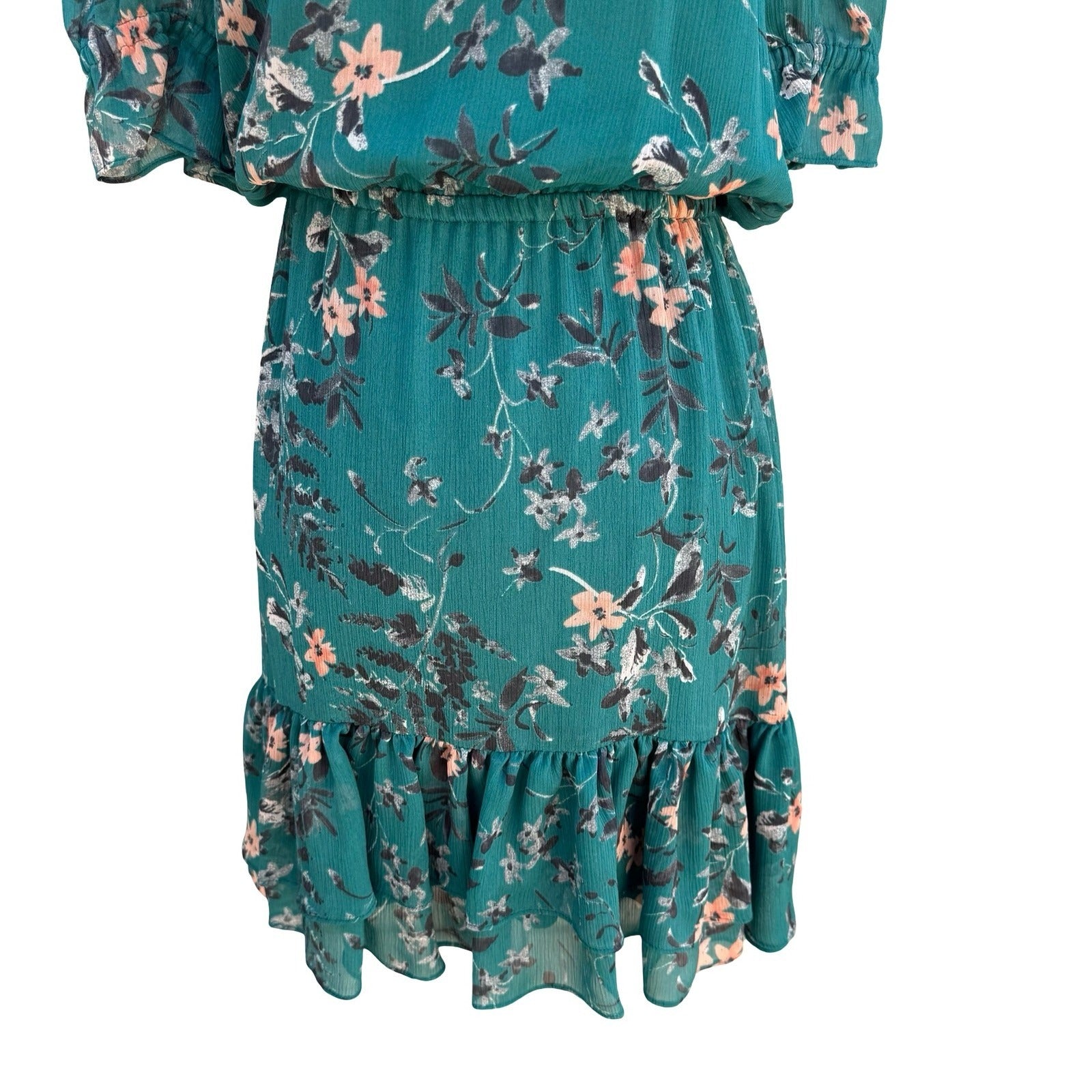 Express Green Floral V-Neck Ruffle Hem Flowy Mini Dress S Boho Romantic Cottage