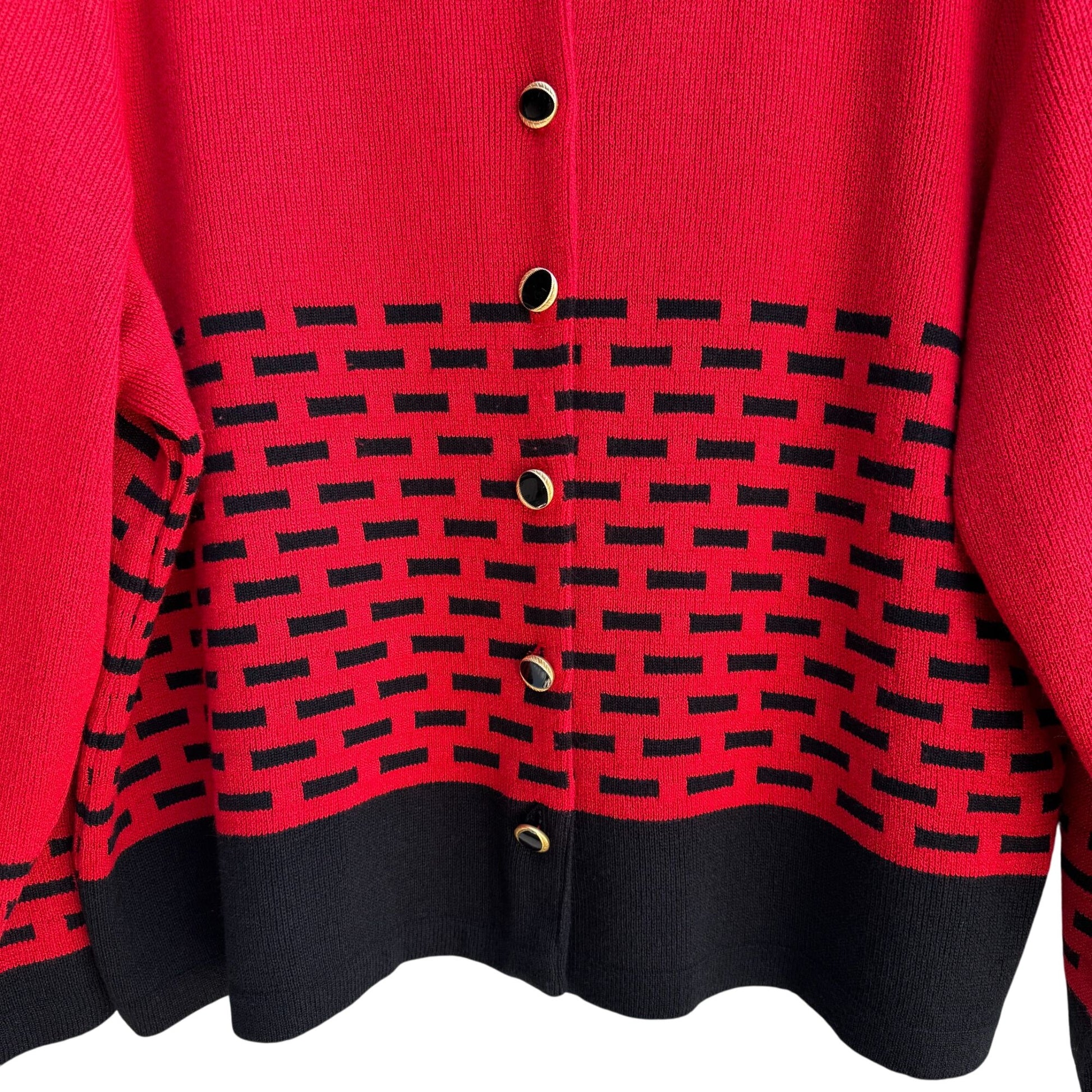 Mita Vintage Womens Red Black Button-Up Brick Pattern Knit Cardigan Sweater 3X