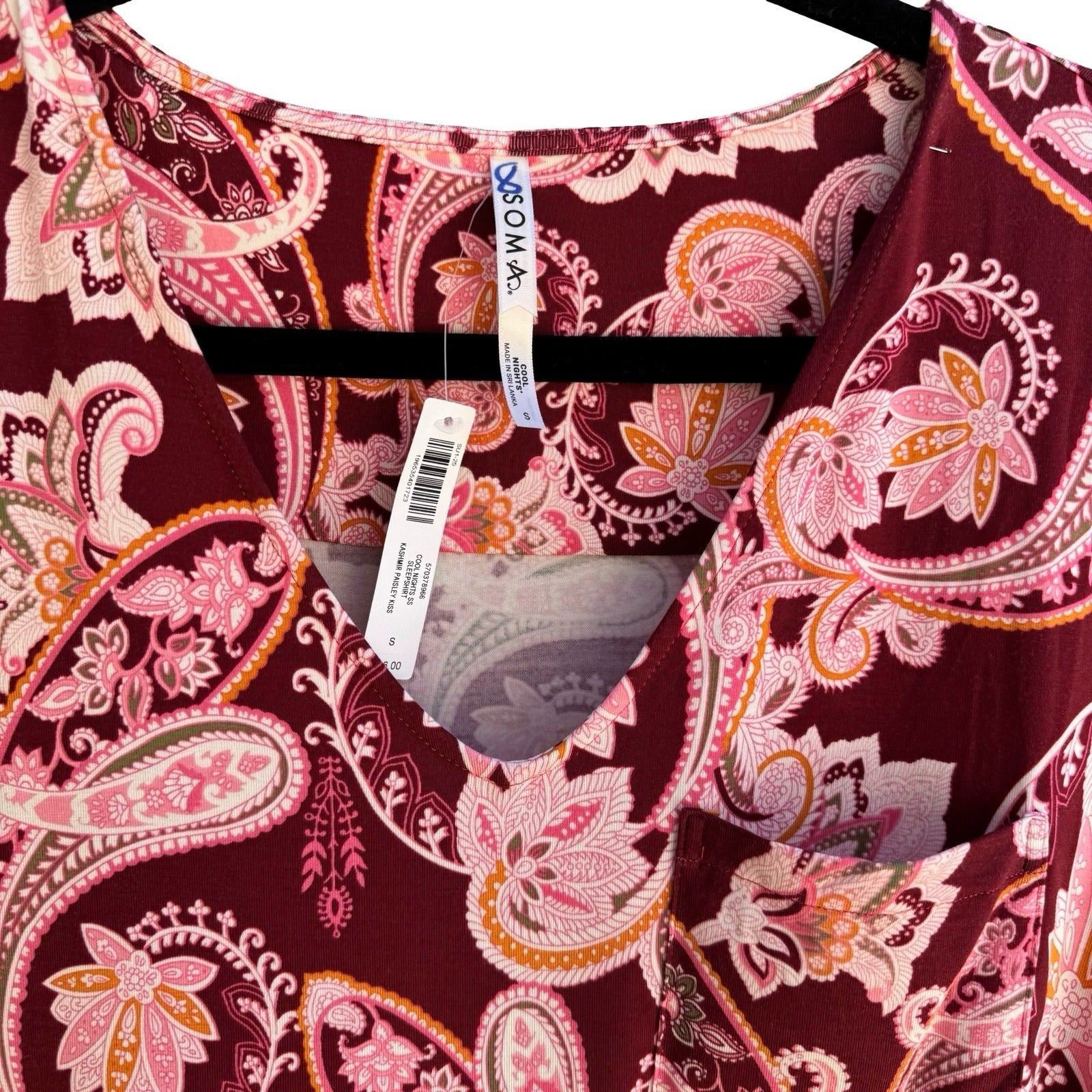 Soma Cool Nights Sleep Shirt Kashmir Paisley Kiss Maroon Pink Boho Relaxed S NEW