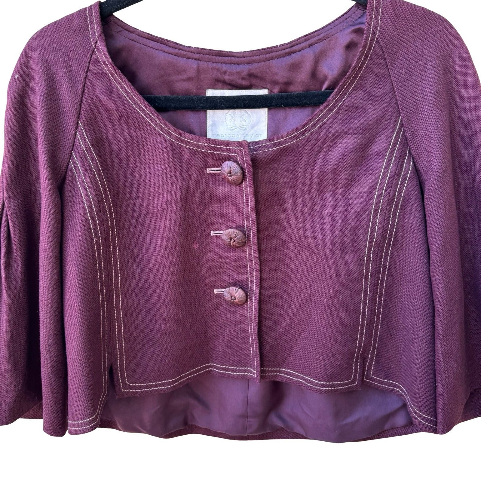 Rebecca Taylor Coquette Quiet Luxury Linen Contrast Stitch Cropped Jacket Plum 2