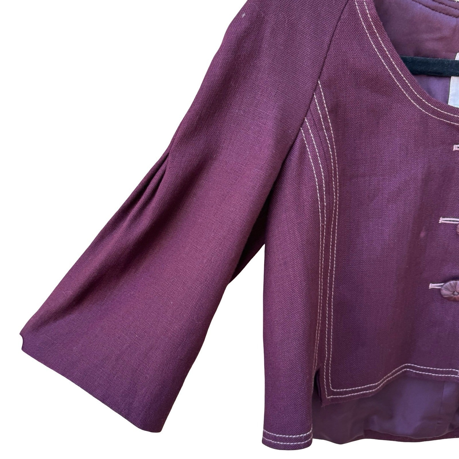Rebecca Taylor Coquette Quiet Luxury Linen Contrast Stitch Cropped Jacket Plum 2