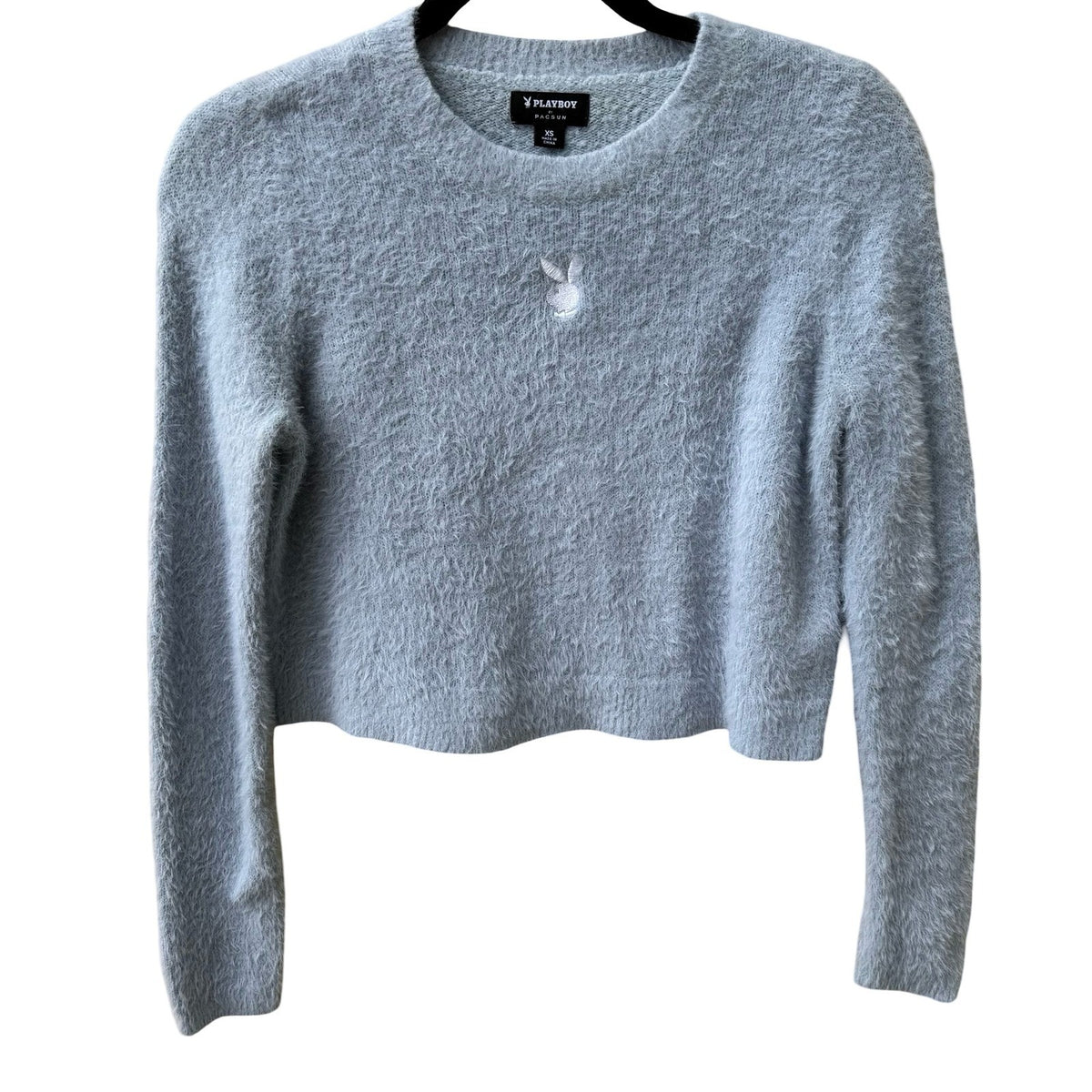 Playboy Y2K Coquette PacSun Fuzzy Eyelash Knit Cropped Sweater Pastel Blue XS