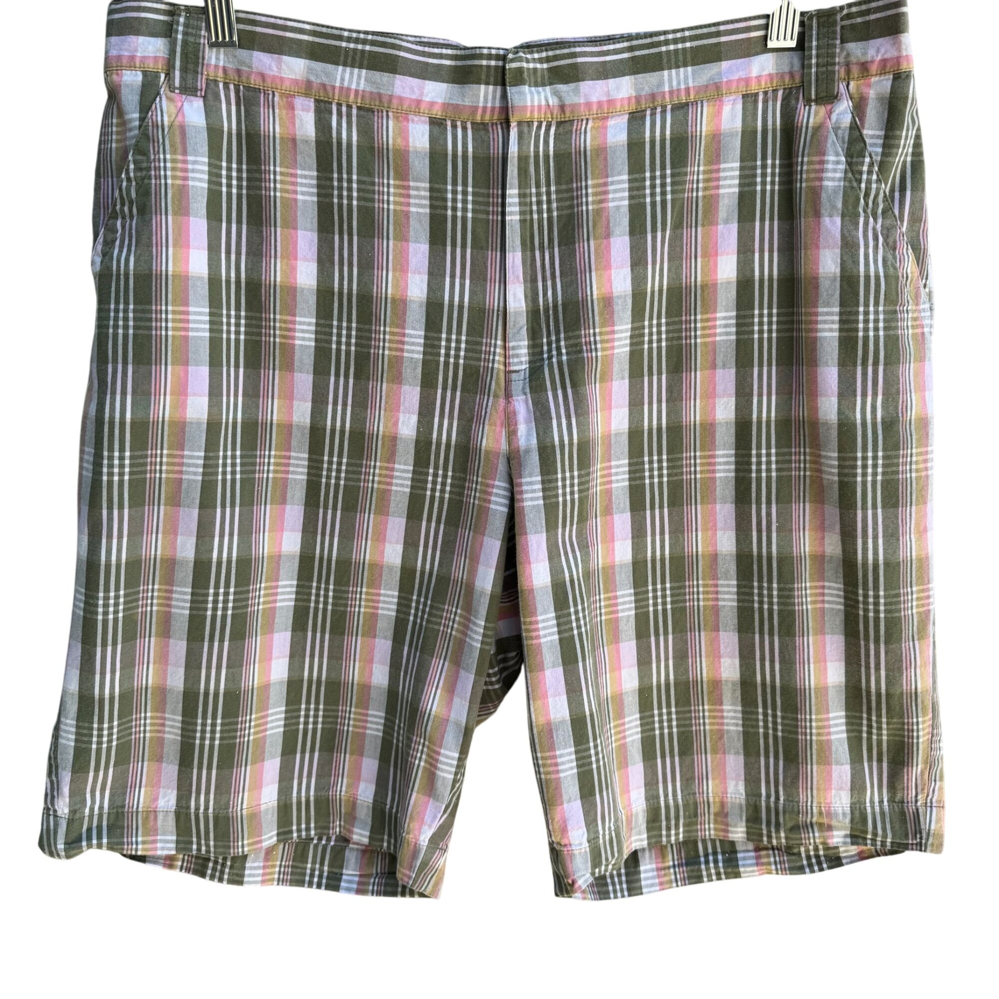 Sag Harbor Womens Green Pink Plaid Cotton Golf Preppy Bermuda Flat Front Shorts 16