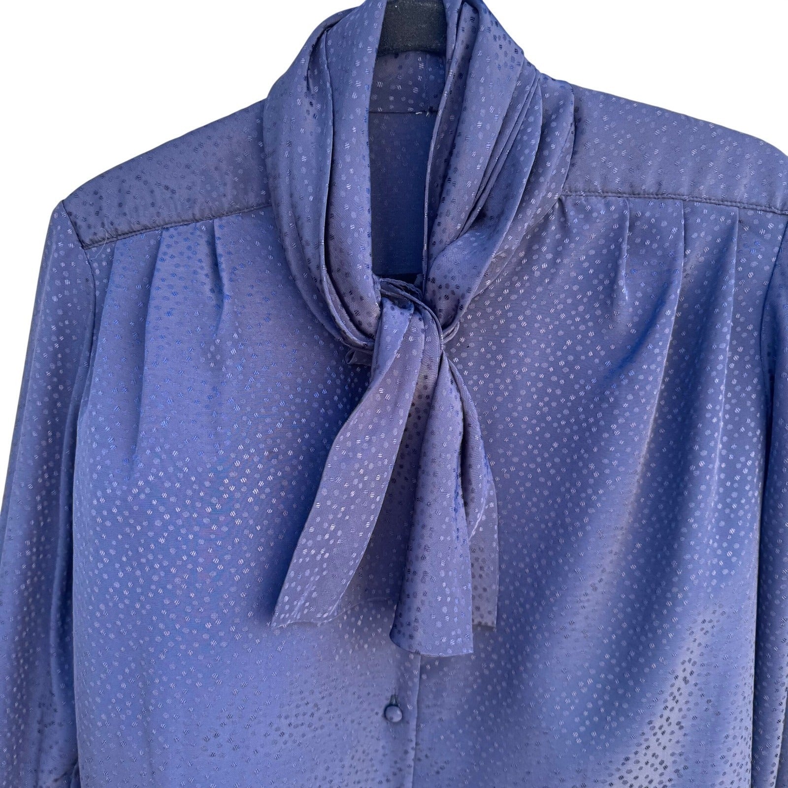 Vintage Navy Blue Tie Neck Blouse Jacquard Polka Dot Long Sleeve Button Up Top L