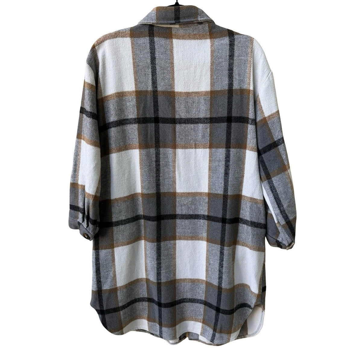 Plaid Longline Layering Earthy Shacket Oversized Fleece Jacket Gray Tan Women L