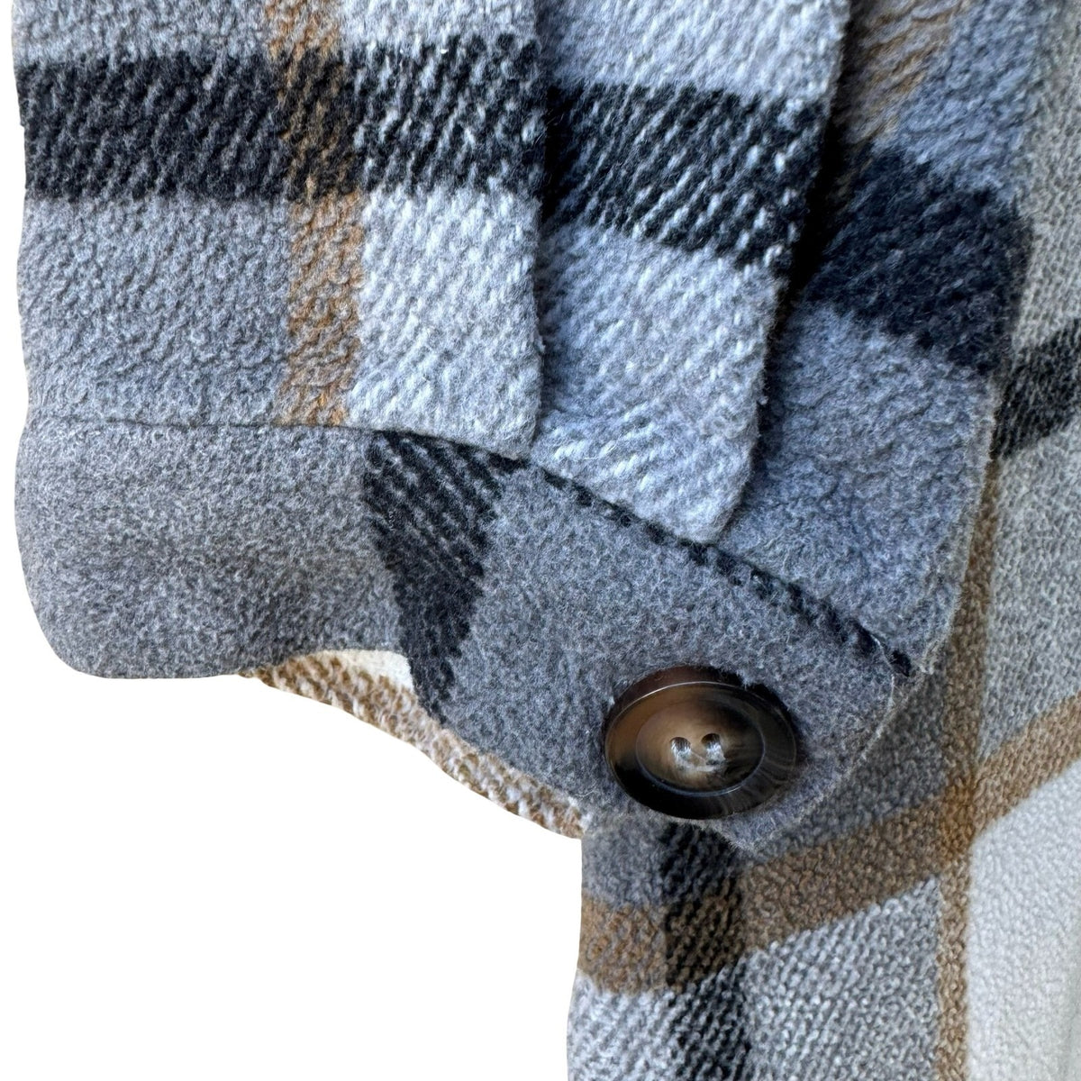 Plaid Longline Layering Earthy Shacket Oversized Fleece Jacket Gray Tan Women L