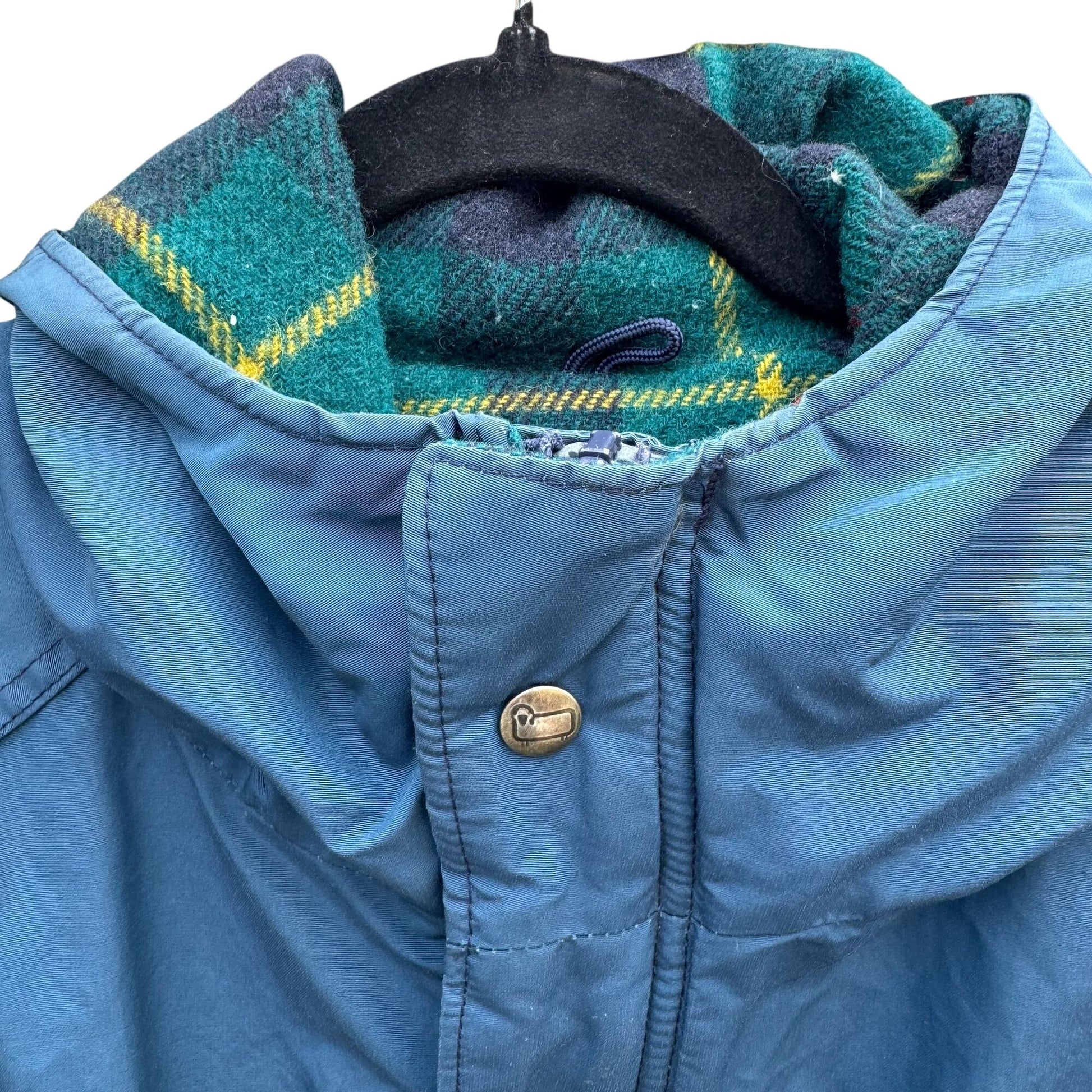 Teton Woolrich Blue Vintage Wool Blend Hooded Parka Jacket Plaid Lining Mens L