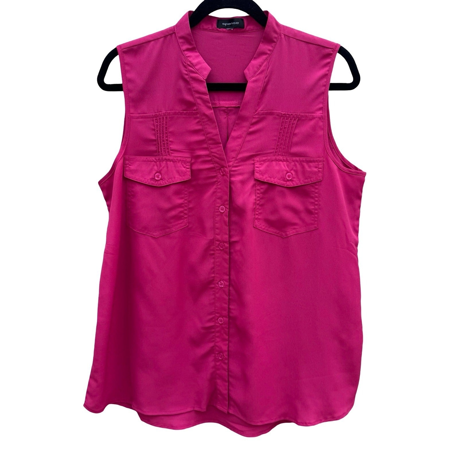 Spense Womens Sleeveless Split Neck Button Down Blouse Pink Pintuck L Barbiecore