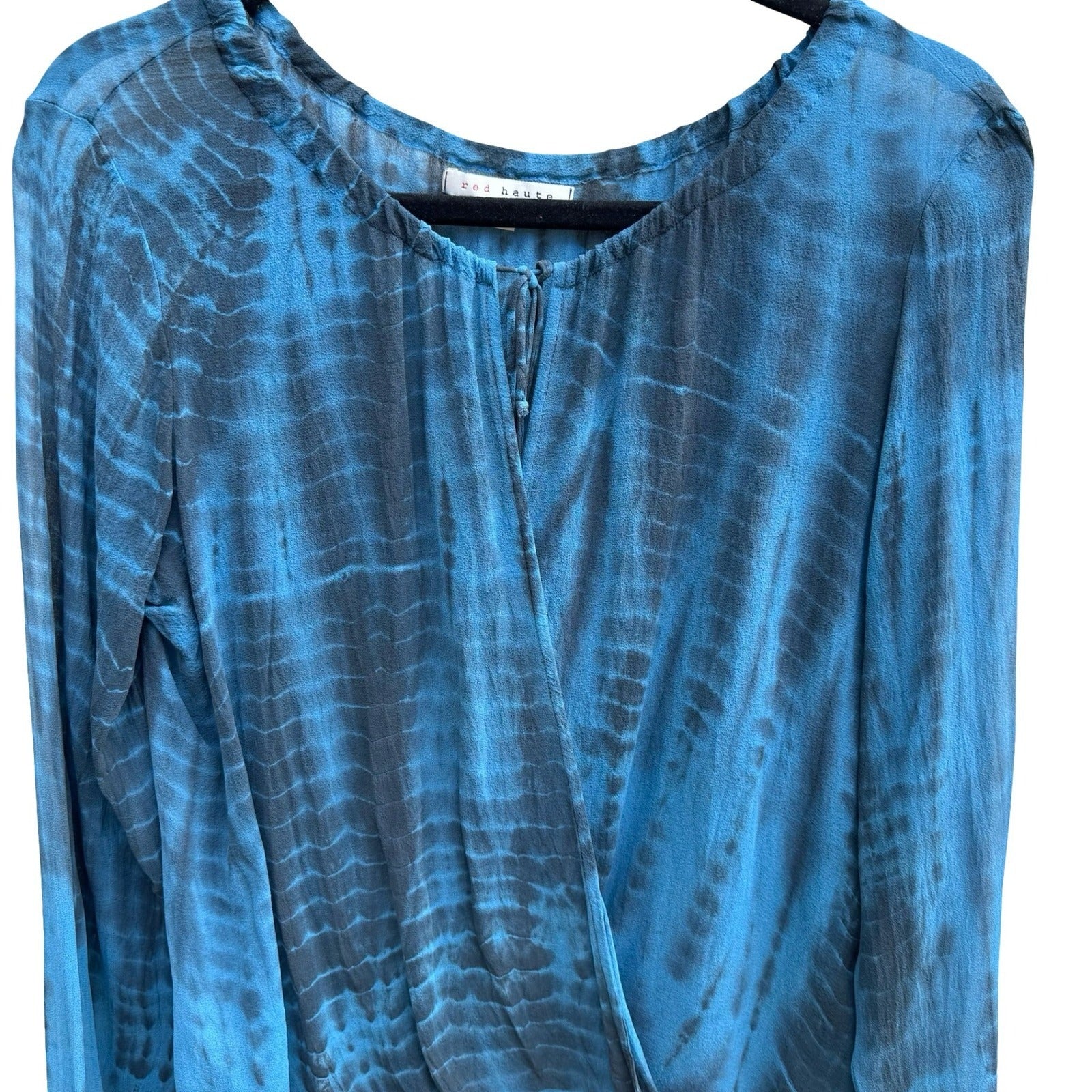 Red Haute Boho Coastal Ethereal Shibori Tie Dye Wrap Front Flowy Blouse Blue S