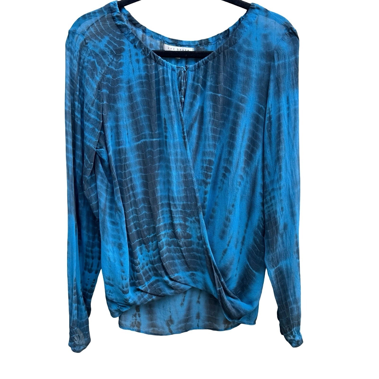 Red Haute Boho Coastal Ethereal Shibori Tie Dye Wrap Front Flowy Blouse Blue S