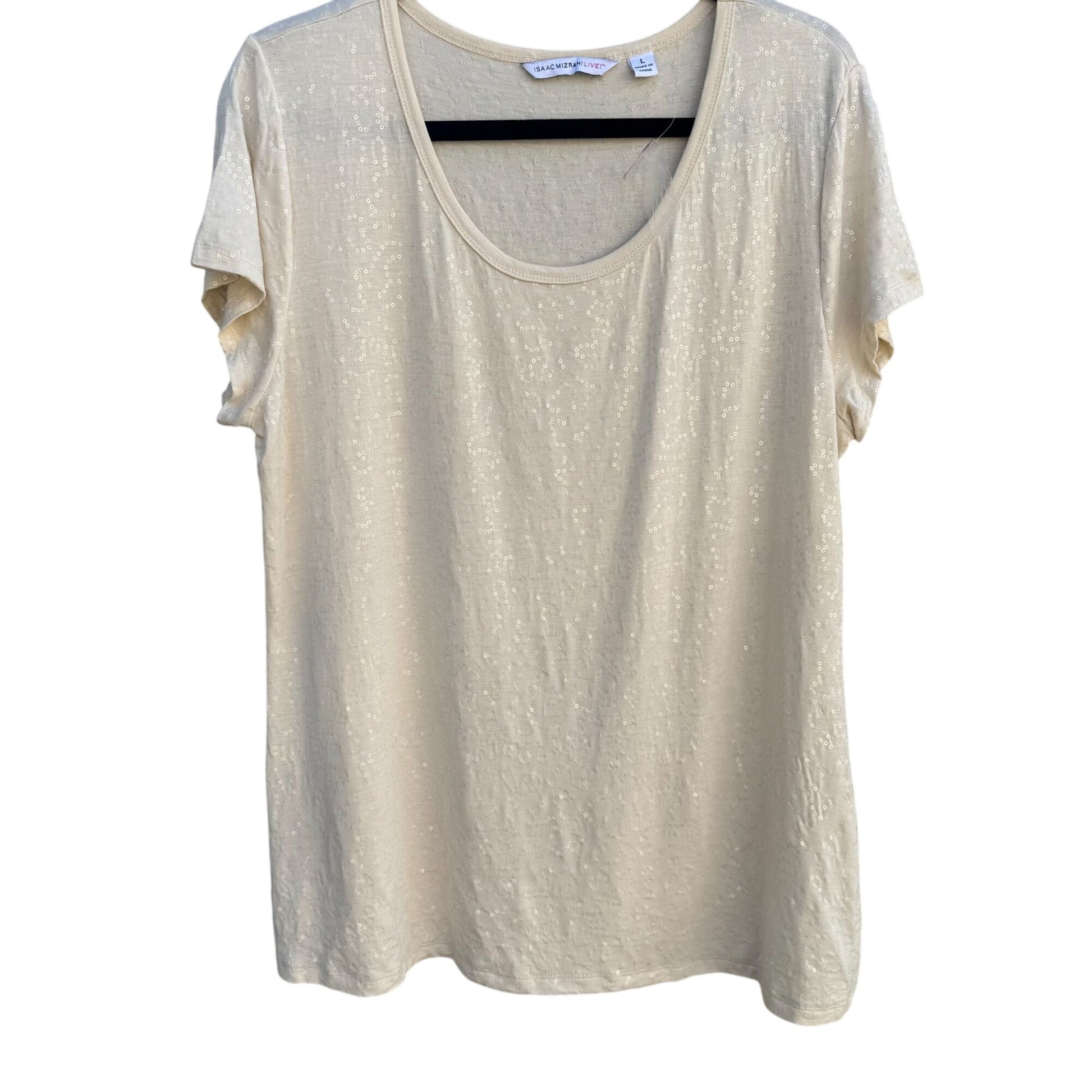 Isaac Mizrahi Live! Ivory Sequin Short Sleeve Scoop Neck Womens Party Shirt L